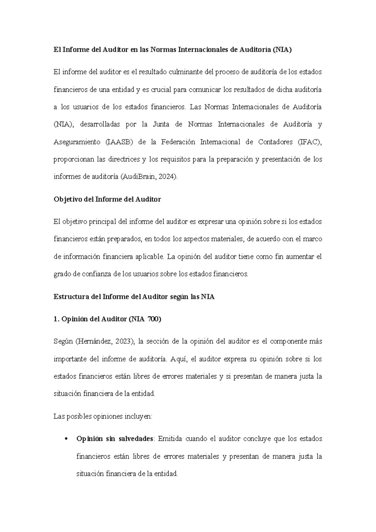 Informe del Auditor según Normas Internacionales de Auditoría (NIA ...
