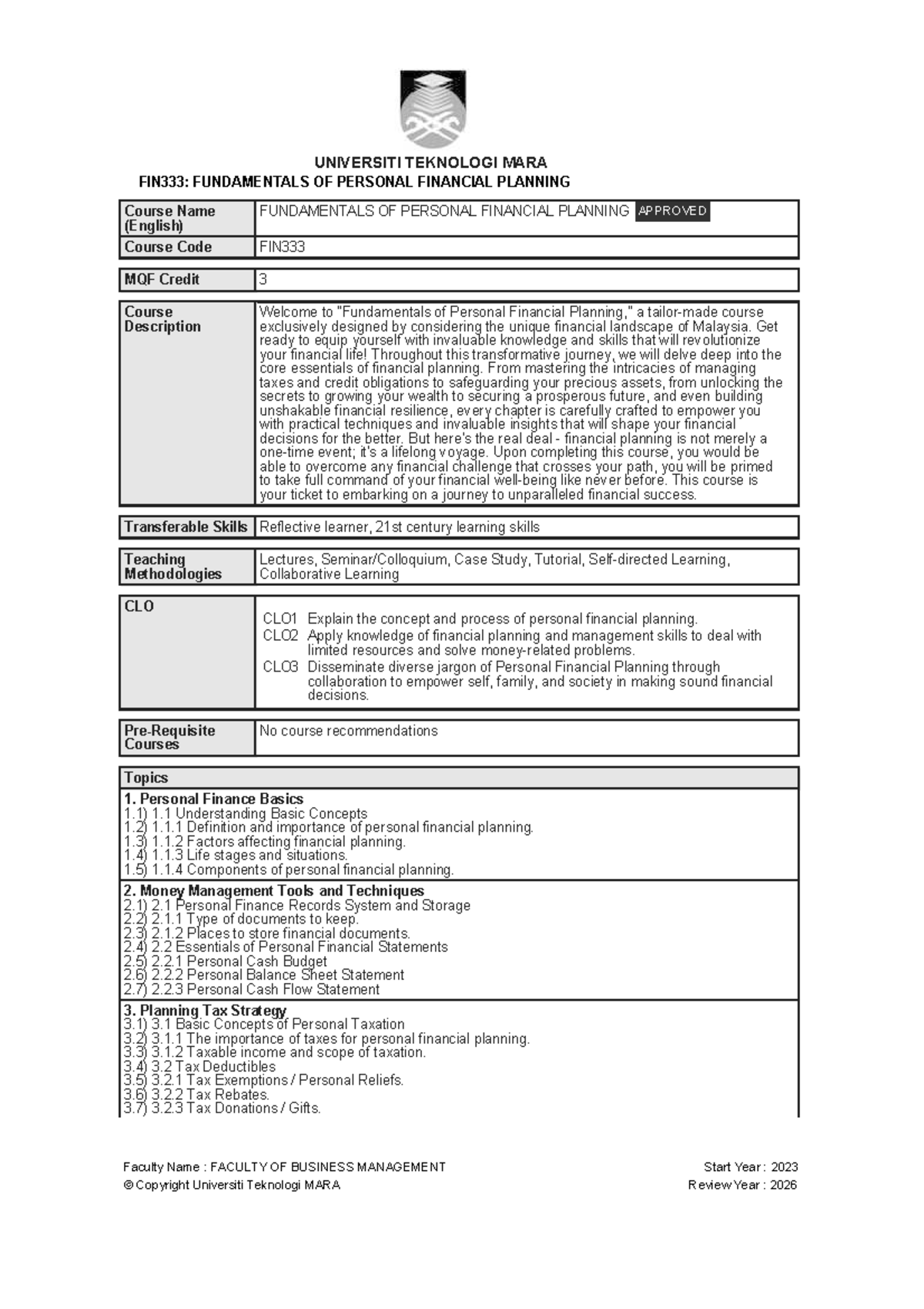 FIN333 Fundamentals of Personal Financial Planning Overview - Studocu