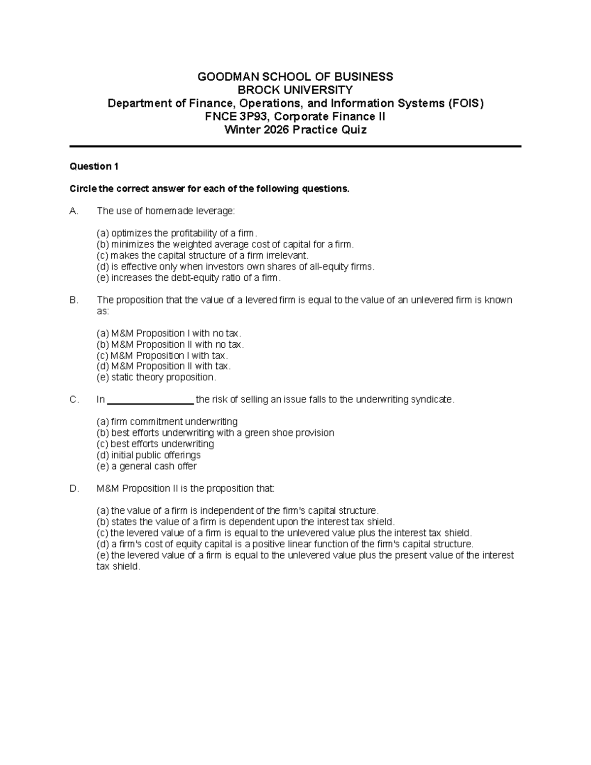 FNCE 3P93 Corporate Finance II Winter 2026 Practice Quiz - Studocu