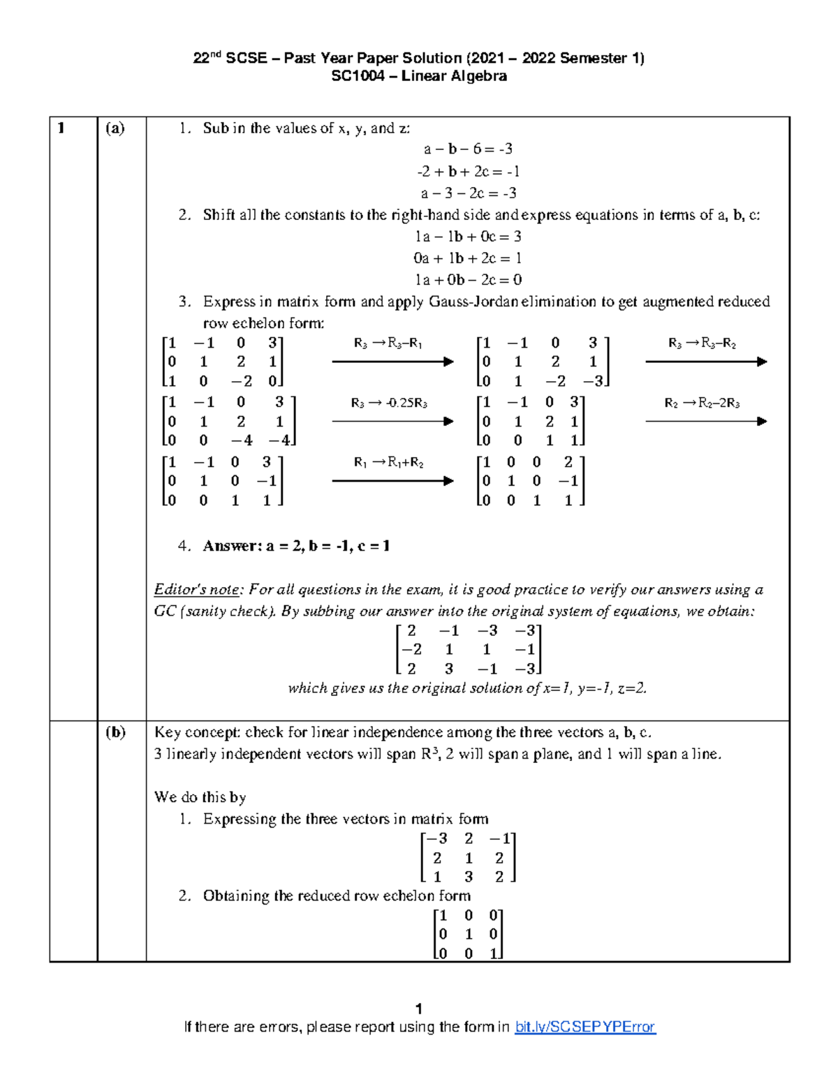 22nd SCSE Past Year Paper Solutions: SC1004 Linear Algebra 1 (2021-2022 ...