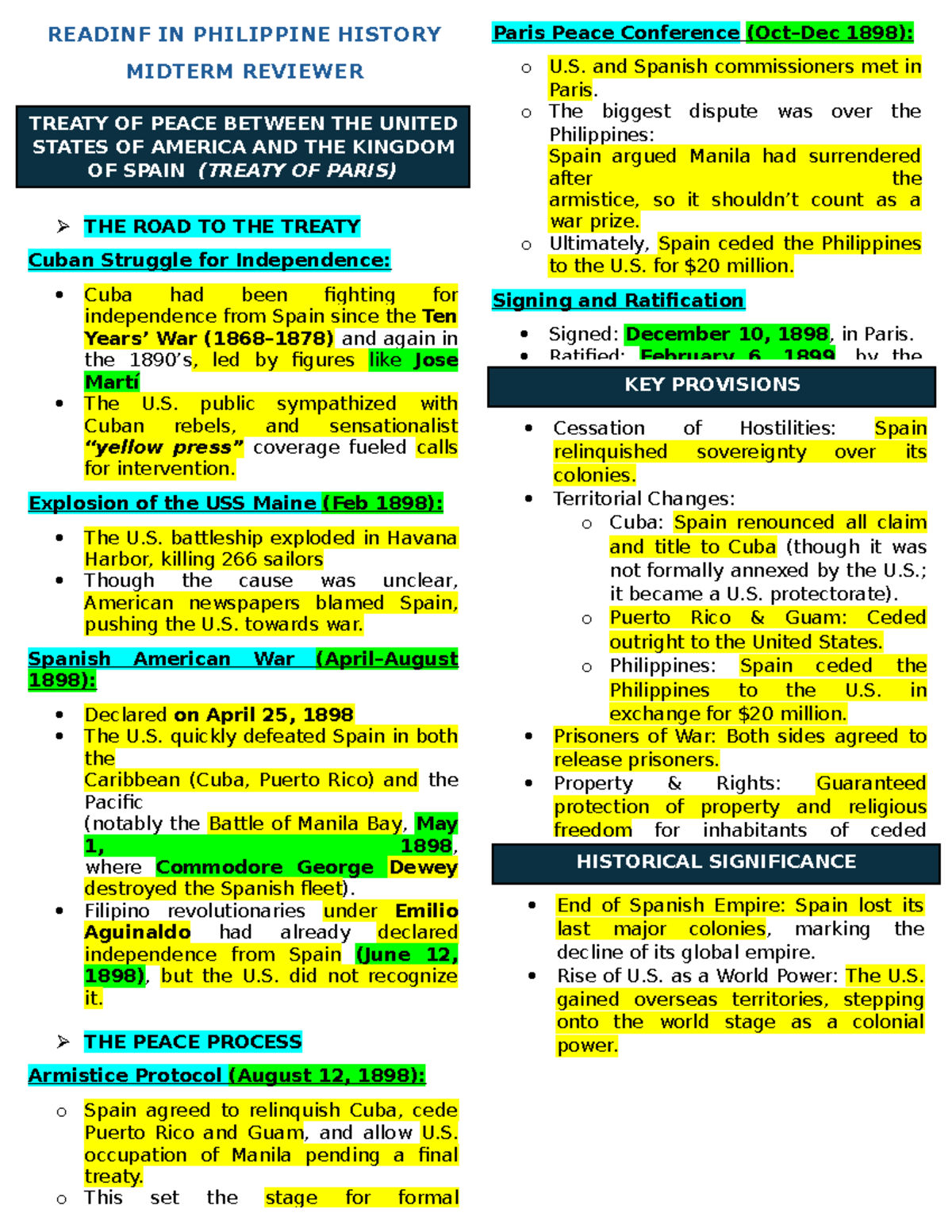 RIPH Midterm Reviewer: Treaty of Paris and Its Historical Impact - Studocu