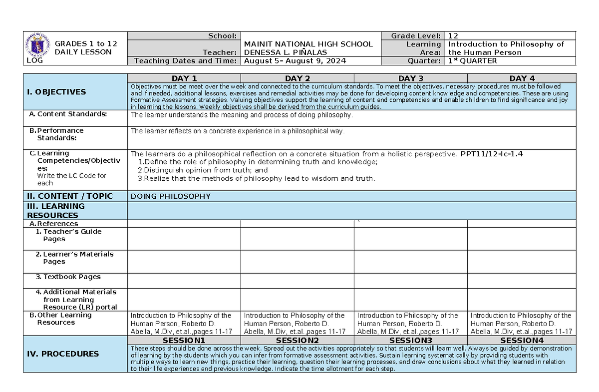 DLL-Introduction to Philosophy 1st Quarter Weekly Lesson Plan - Studocu