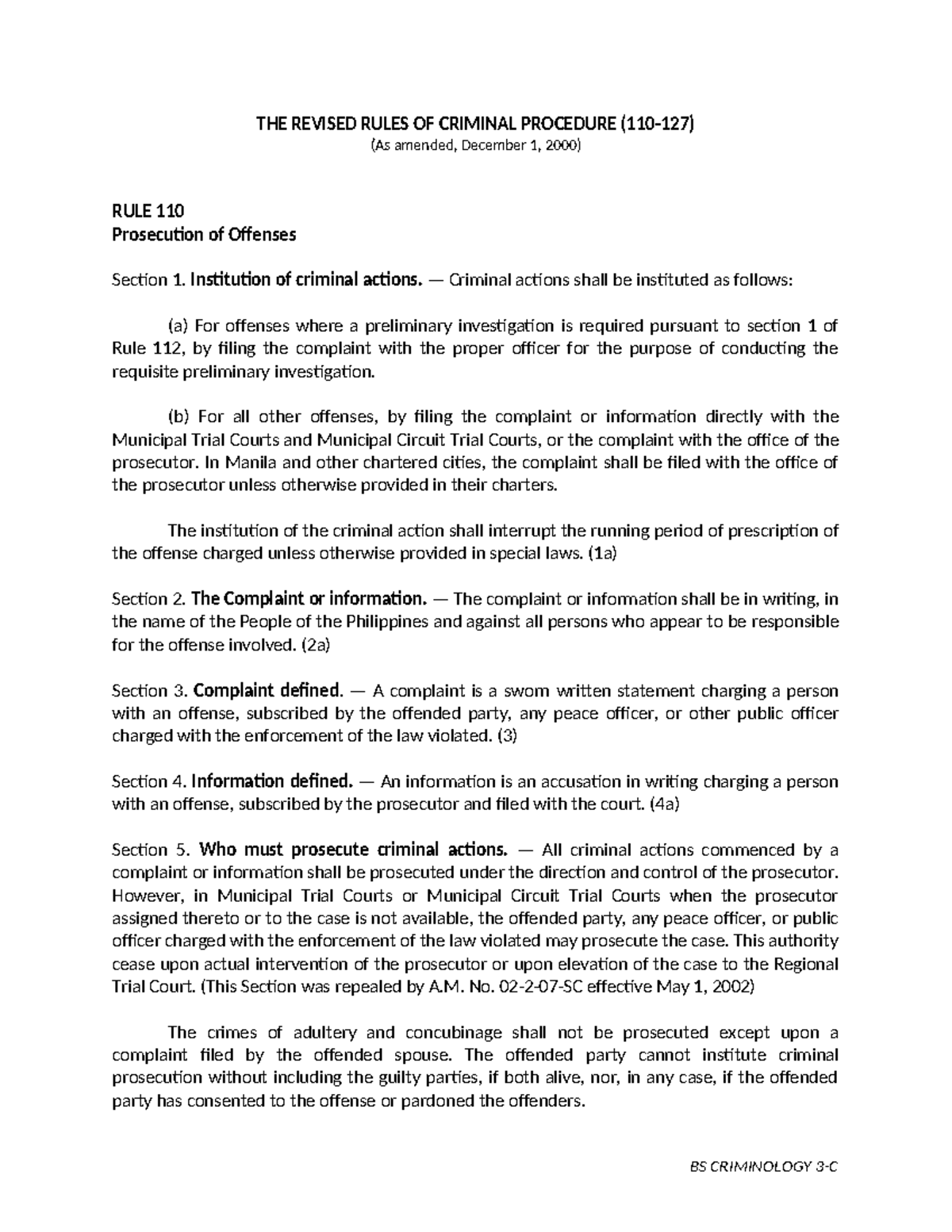 Revised Rules of Criminal Procedure: Sections 110 to 127 Overview - Studocu