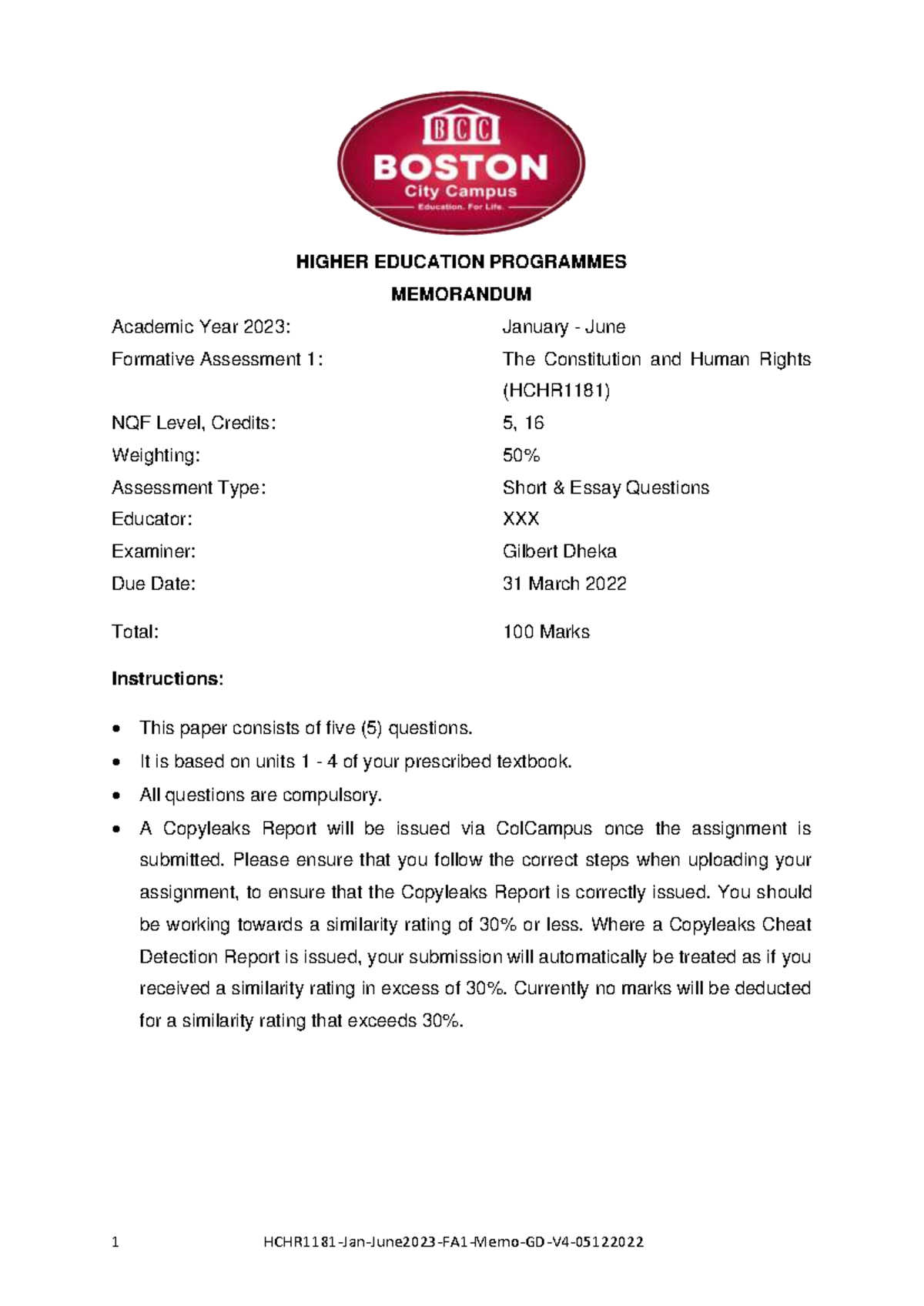 HCHR1181 Jan June2023 FA1 Memo GD V4 05122022 - HIGHER EDUCATION ...