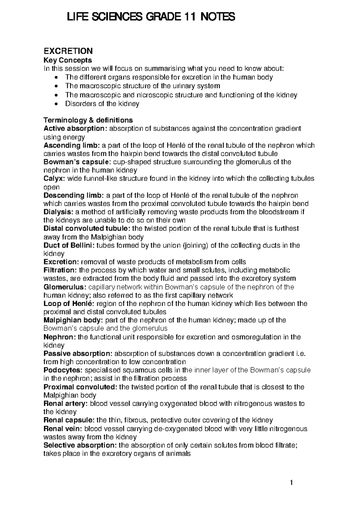 Grade 11 Life Sciences Excretion And Kidney Function Study Notes Studocu