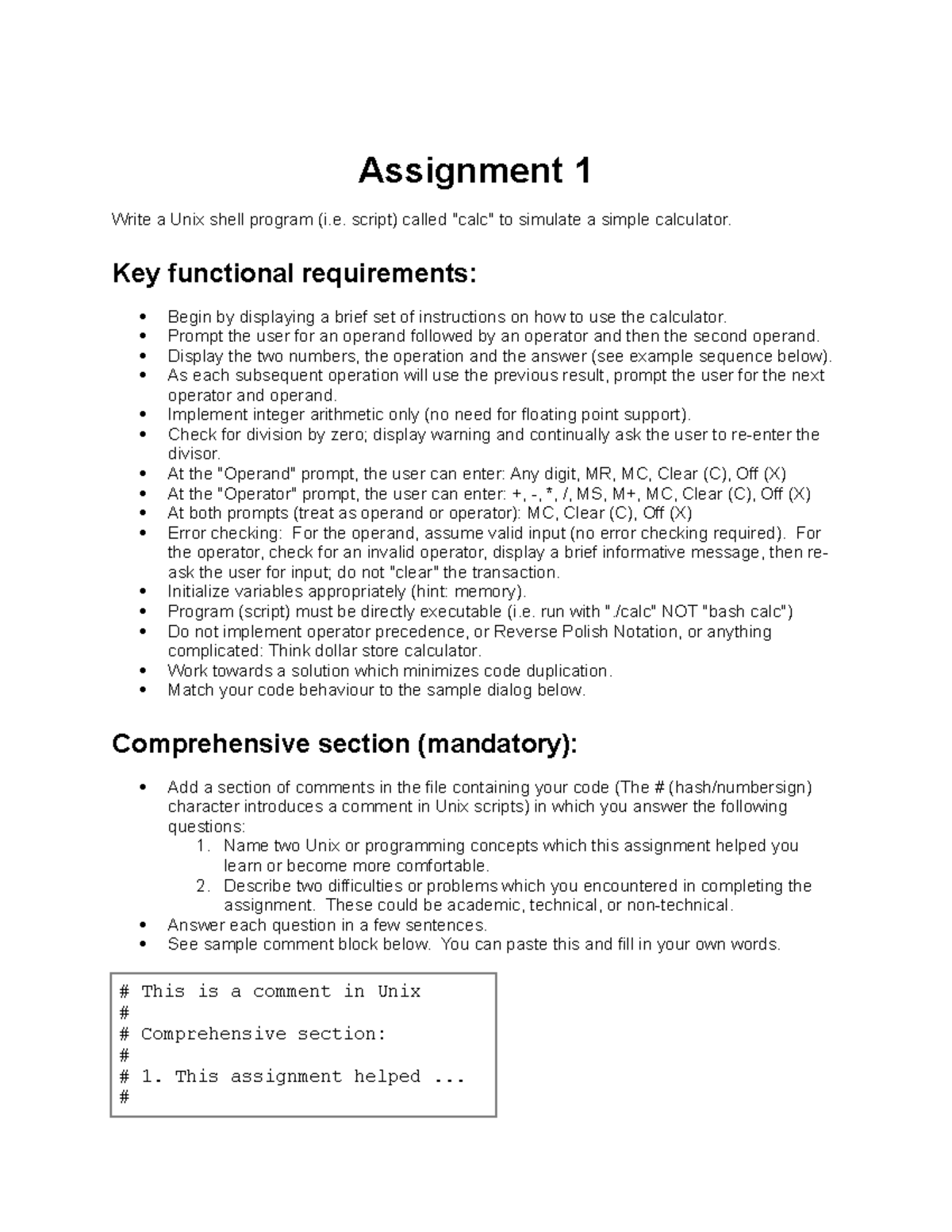Assignment 1 - script) called "calc" to simulate a simple calculator ...