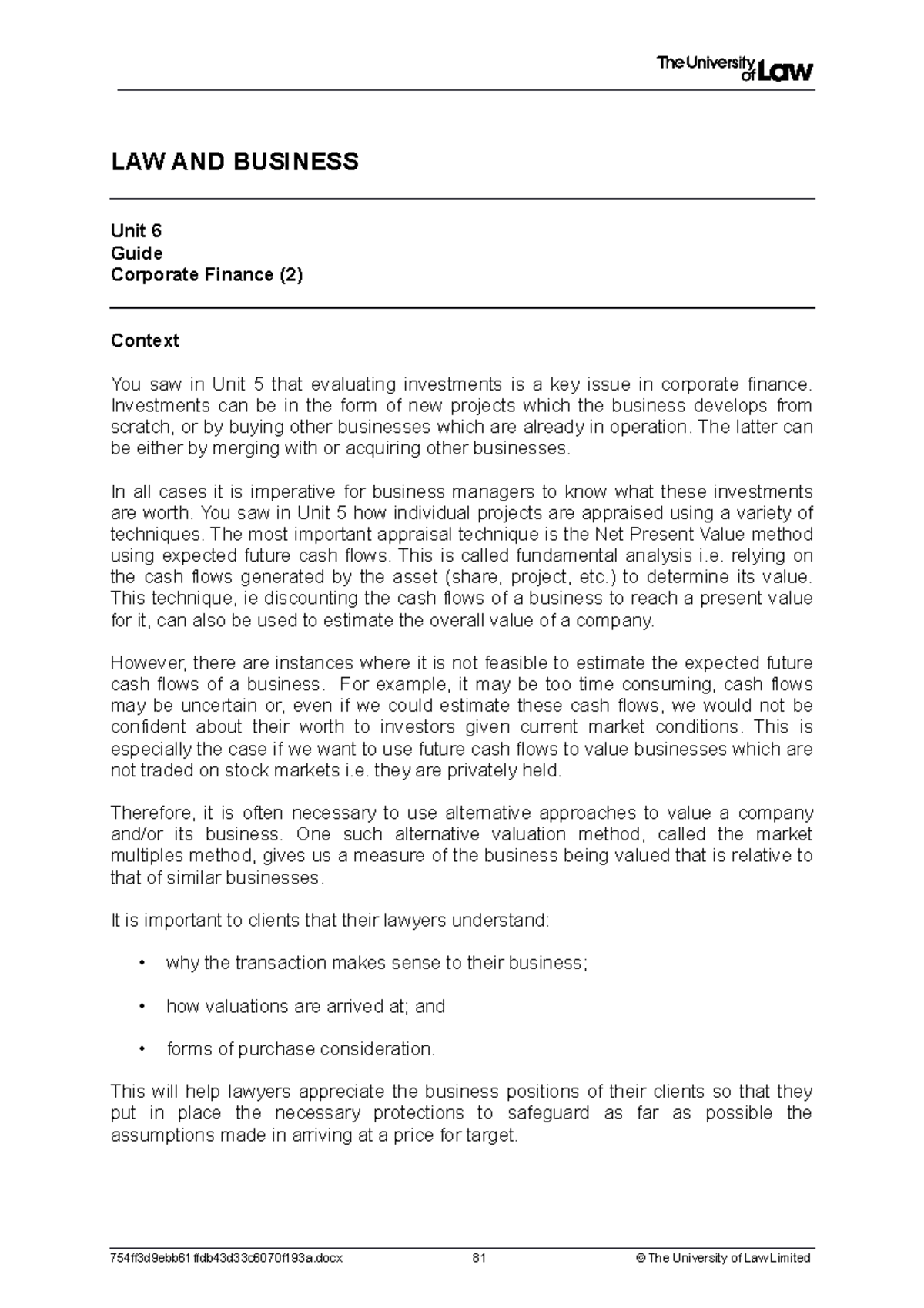 Workshop guide and notes - LAW AND BUSINESS Unit 6 Guide Corporate ...