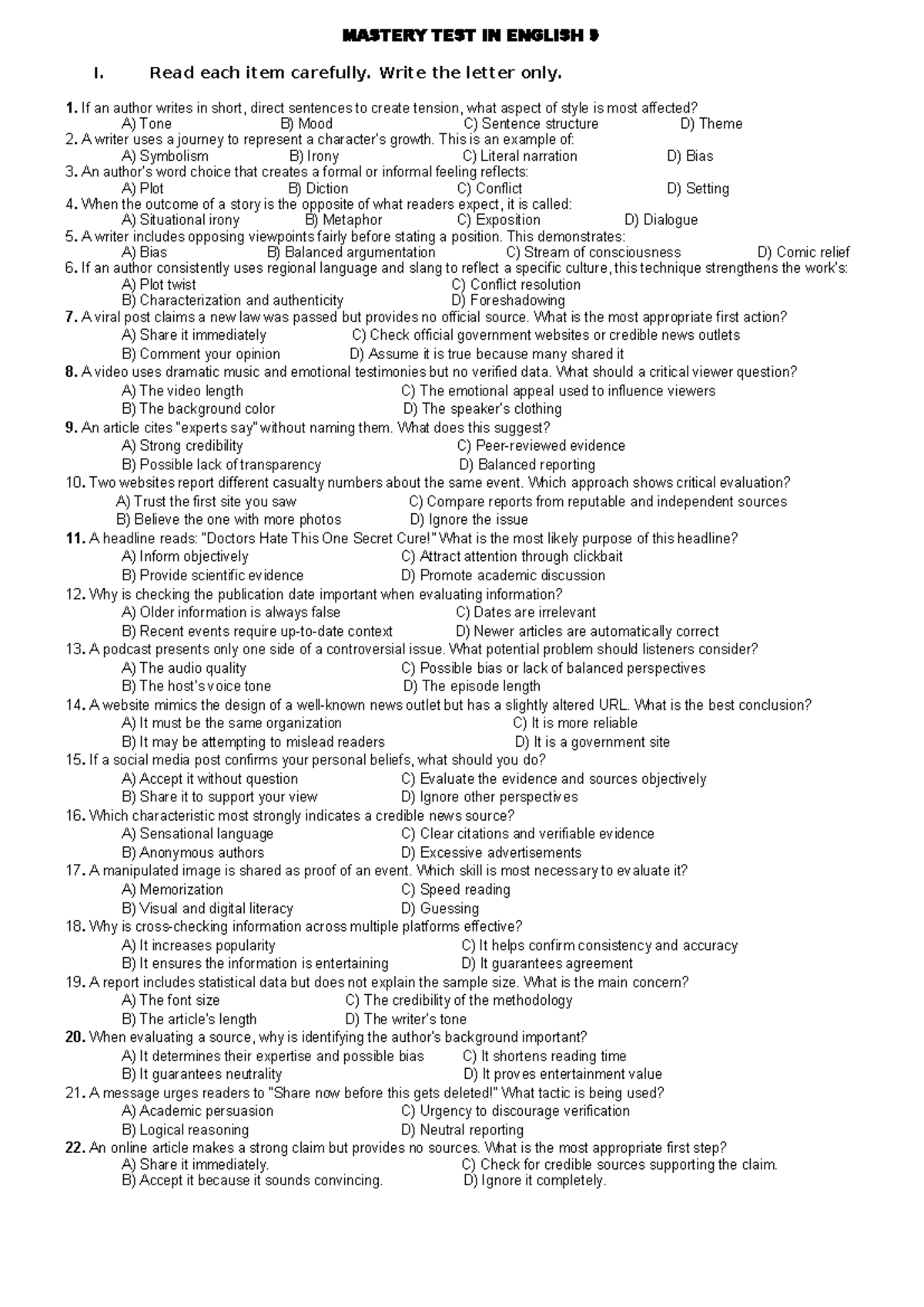 4th Quarter Mastery Test in English 9 - Studocu
