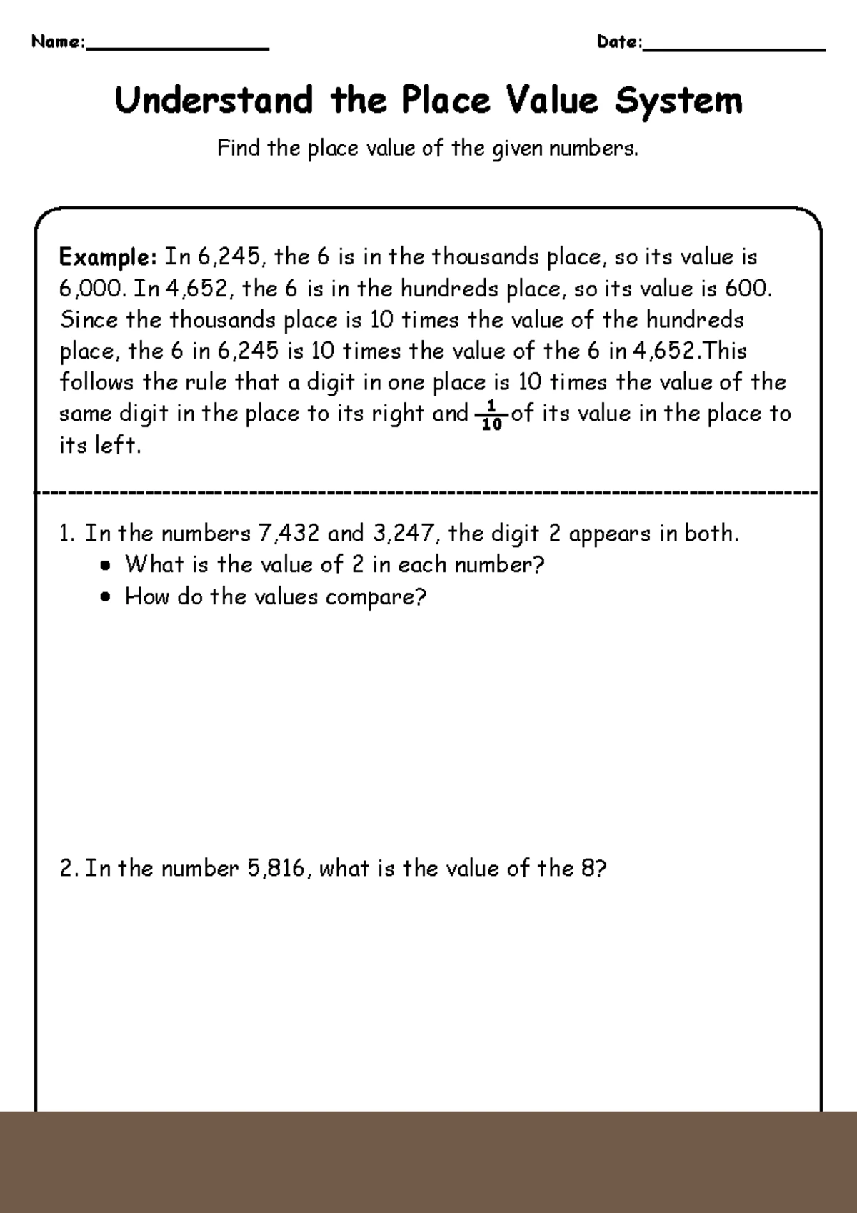 Understanding Place Value - 5th Grade Worksheet - Example: In 6,245 ...