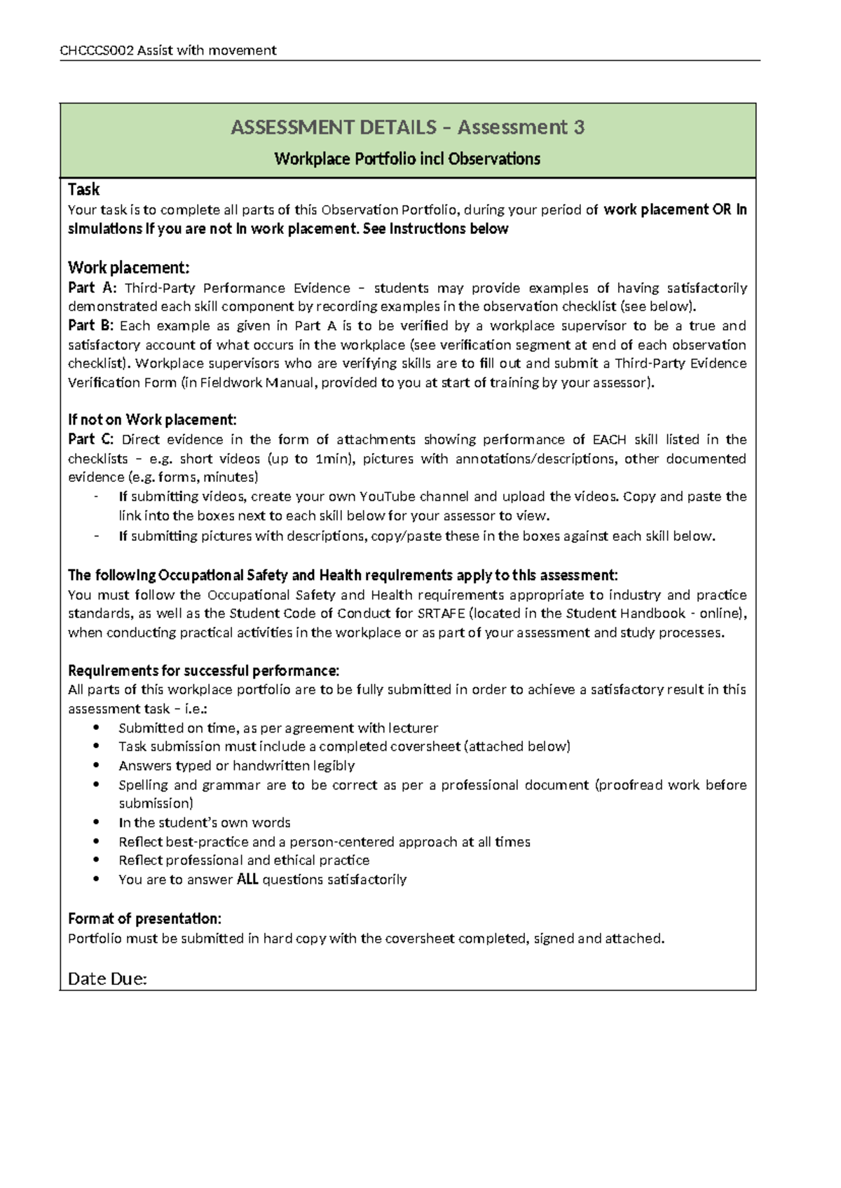 CHCCCS 002 Assessment 3: Workplace Portfolio & Observations Guide - Studocu