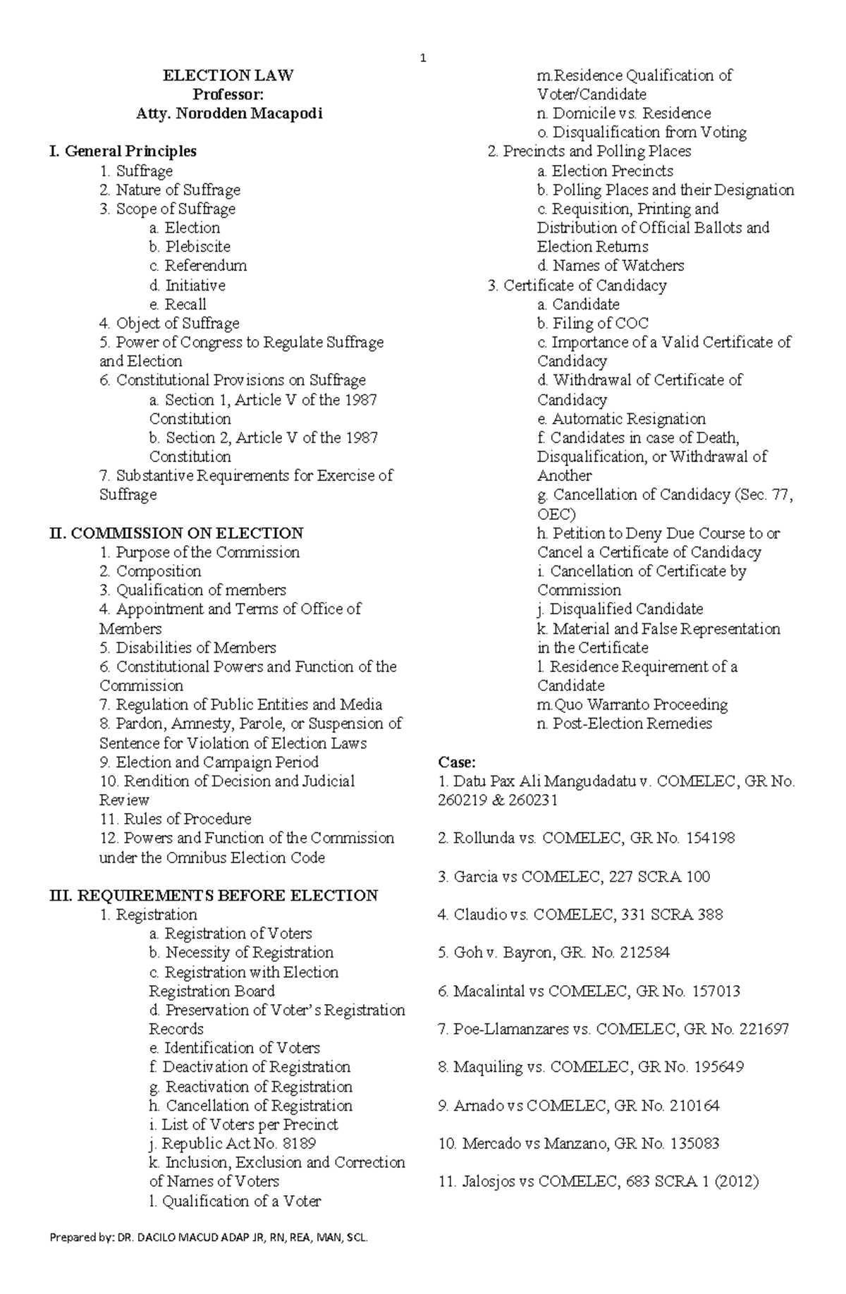 Election Law Syllabus Notes (ELECT 101) by Dr. D. Macud Adap Jr. - Studocu