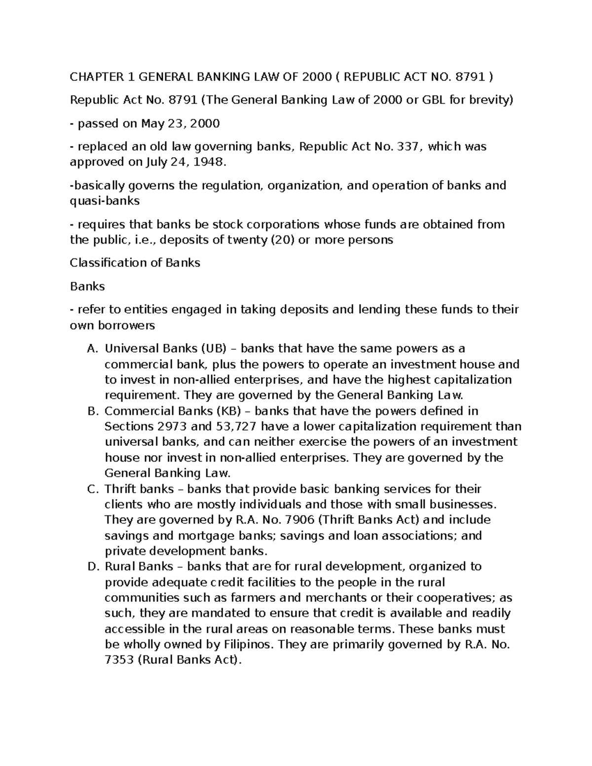 RFBT Final Reviewer: General Banking Law & Related Acts Overview - Studocu