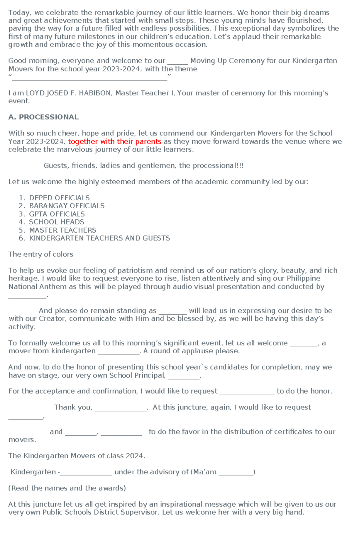734922352 Kindergarten Moving Up Ceremony Script for 2023-2024 - Studocu