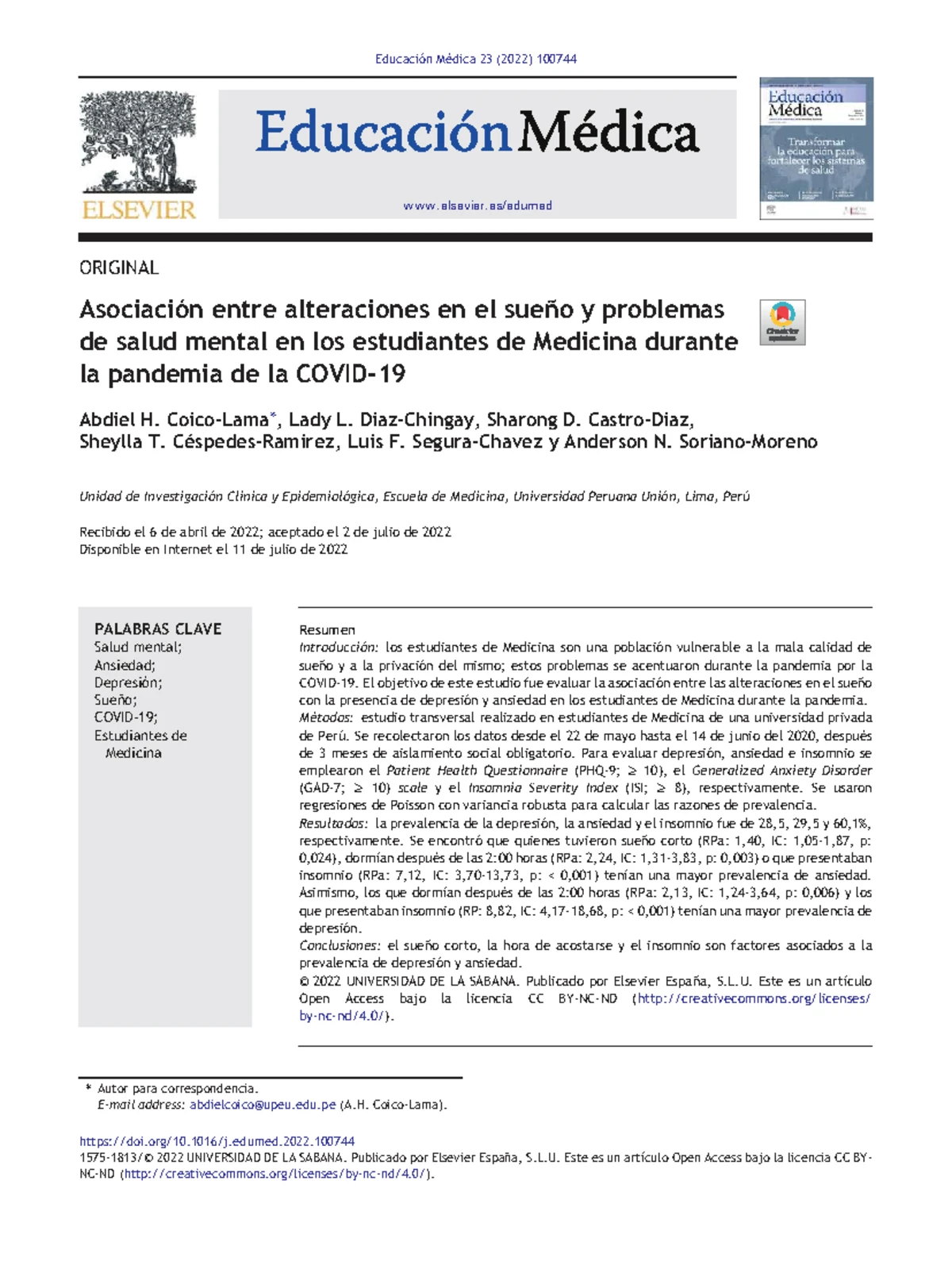 Calidad del Sueño y Salud Mental en Estudiantes de Medicina en Perú ...