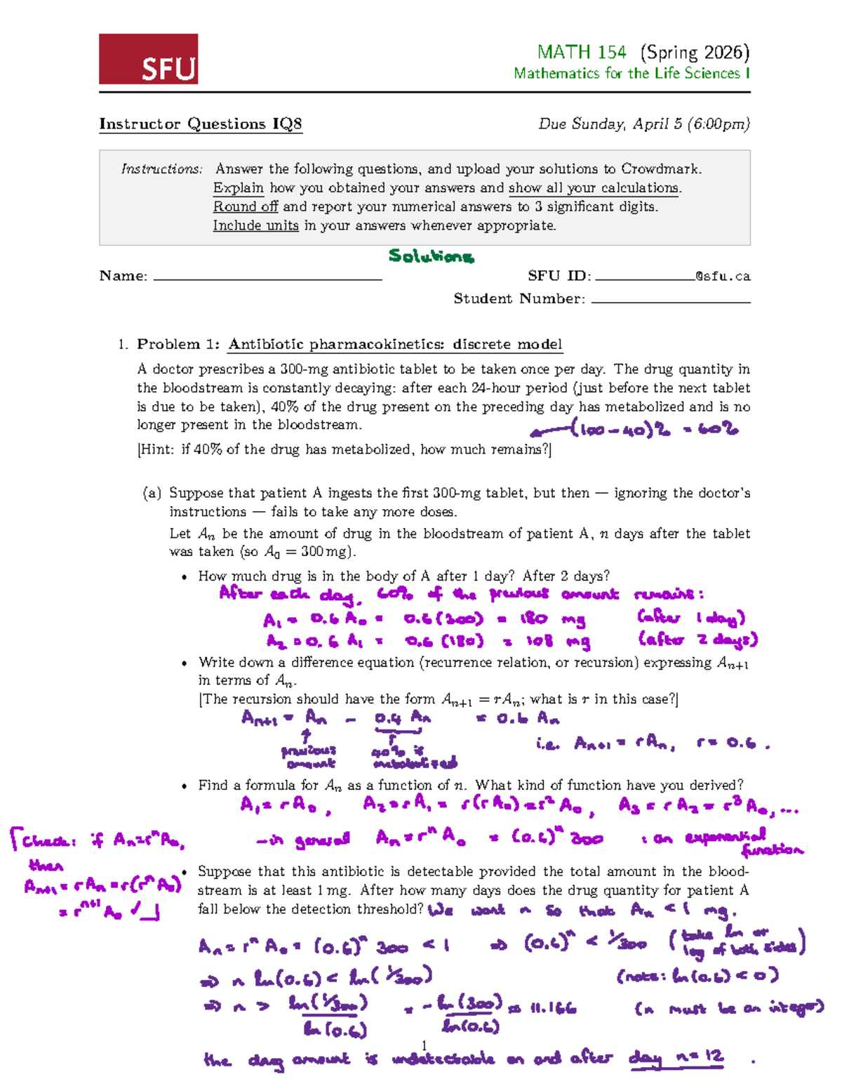 MATH 154 (Spring 2026) IQ8 Solutions for Life Sciences I - Studocu