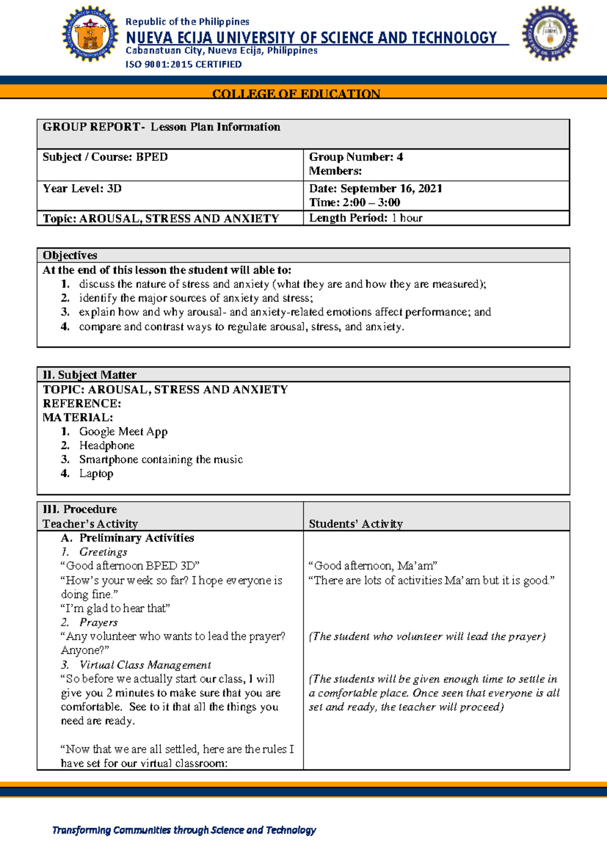 Lesson PLAN (UNIT 4) Group[ 4 - Bachelor of Secondary Education - Studocu