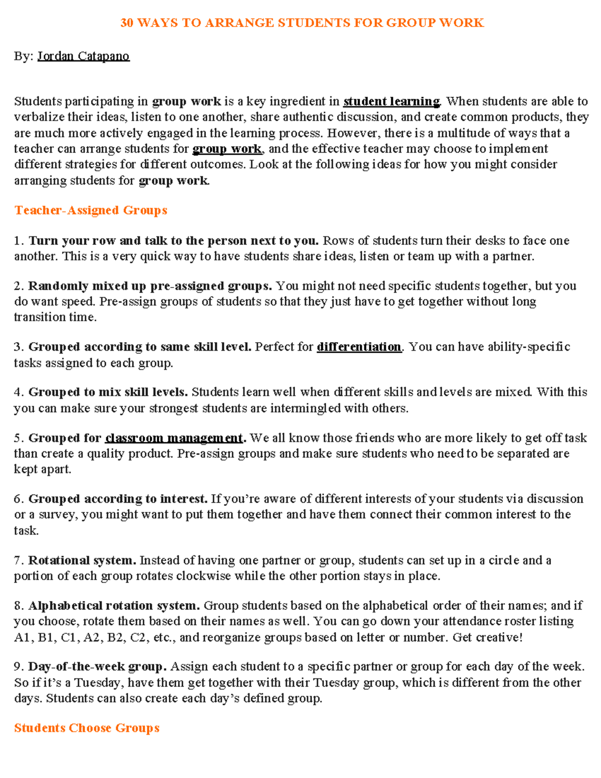 30 Strategies for Group Work Arrangement in Classrooms - Studocu