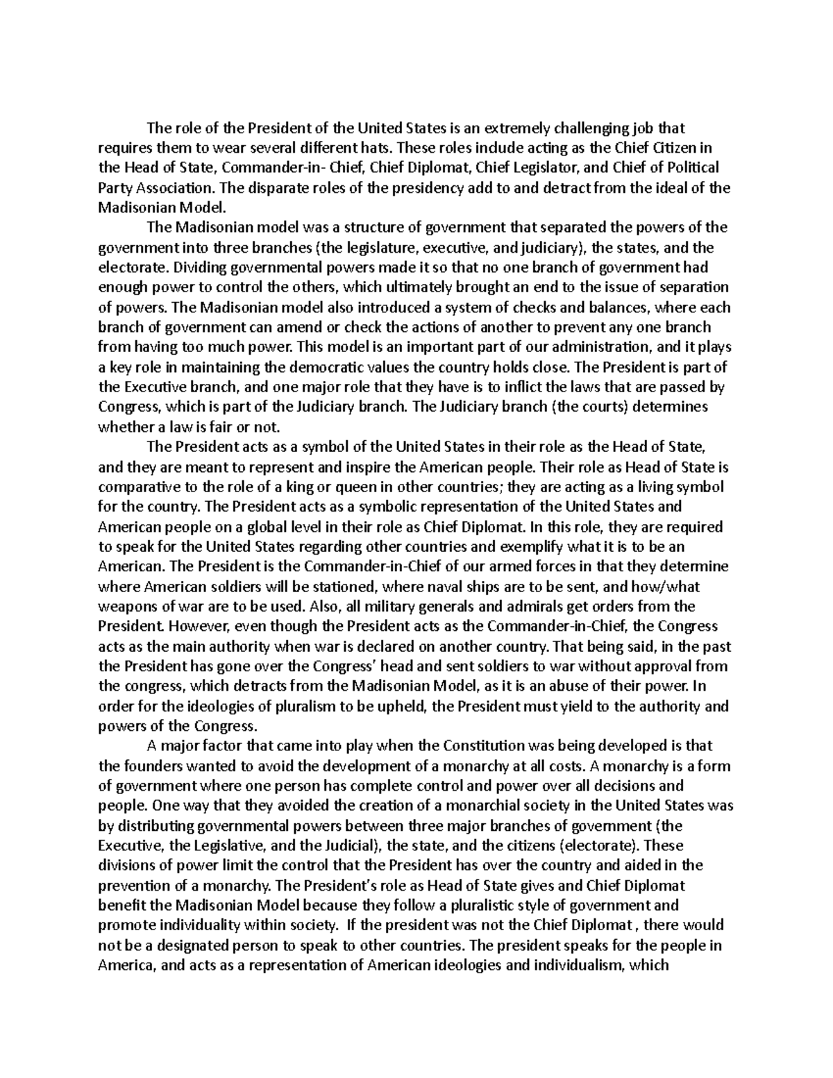 Presidency Roles in the Madisonian Model - POLS Essay - Studocu