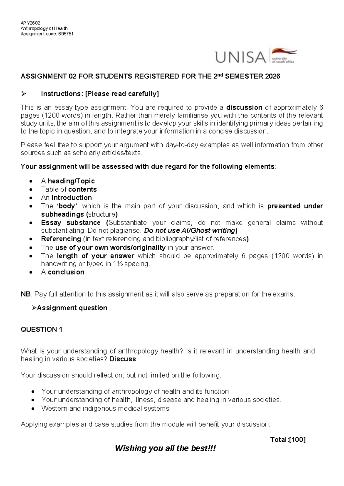 APY2602 Anthropology of Health Assignment 2: Understanding Health ...