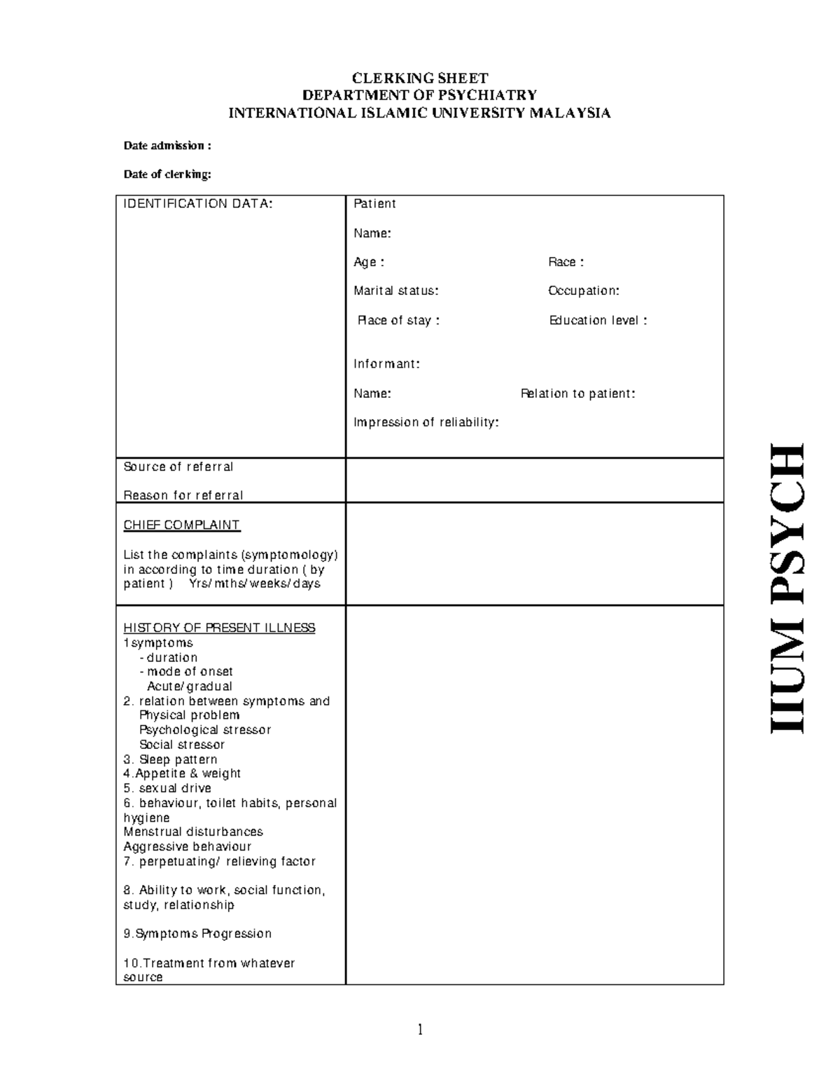 Clerking Sheet for Psychiatry Posting - IIUM Clinical Guidelines - Studocu