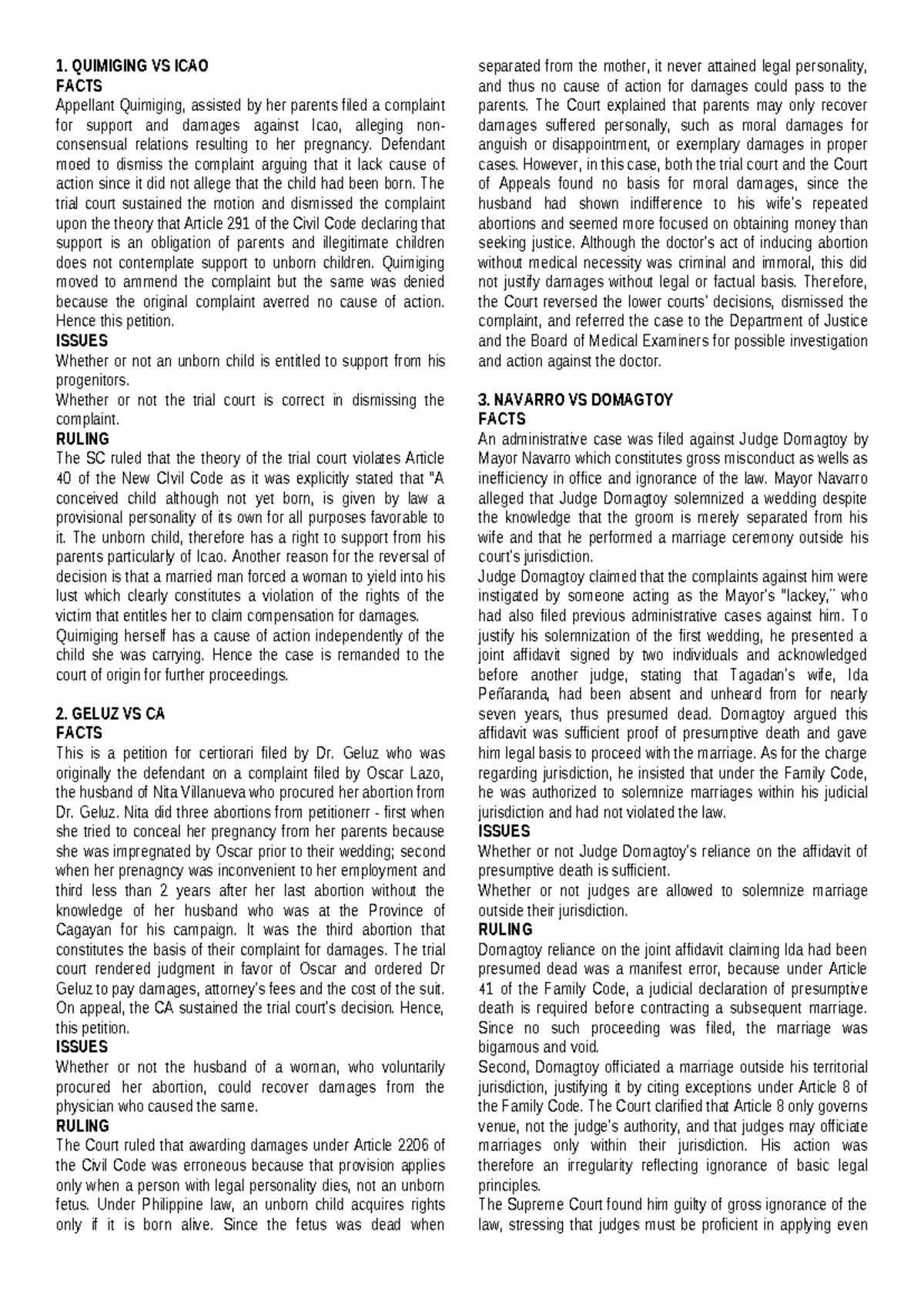 090625 Case Digest: Key Rulings on Marriage and Support Issues - Studocu