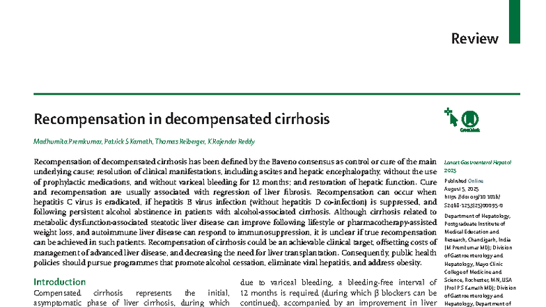 Lancet Review: Recompensation in Decompensated Cirrhosis (2025) - Studocu