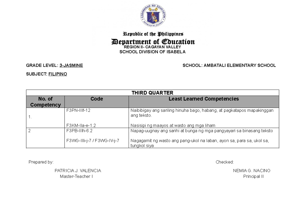 LMC for Filipino & Math - Grade 3 (Region II - Cagayan Valley) - Studocu