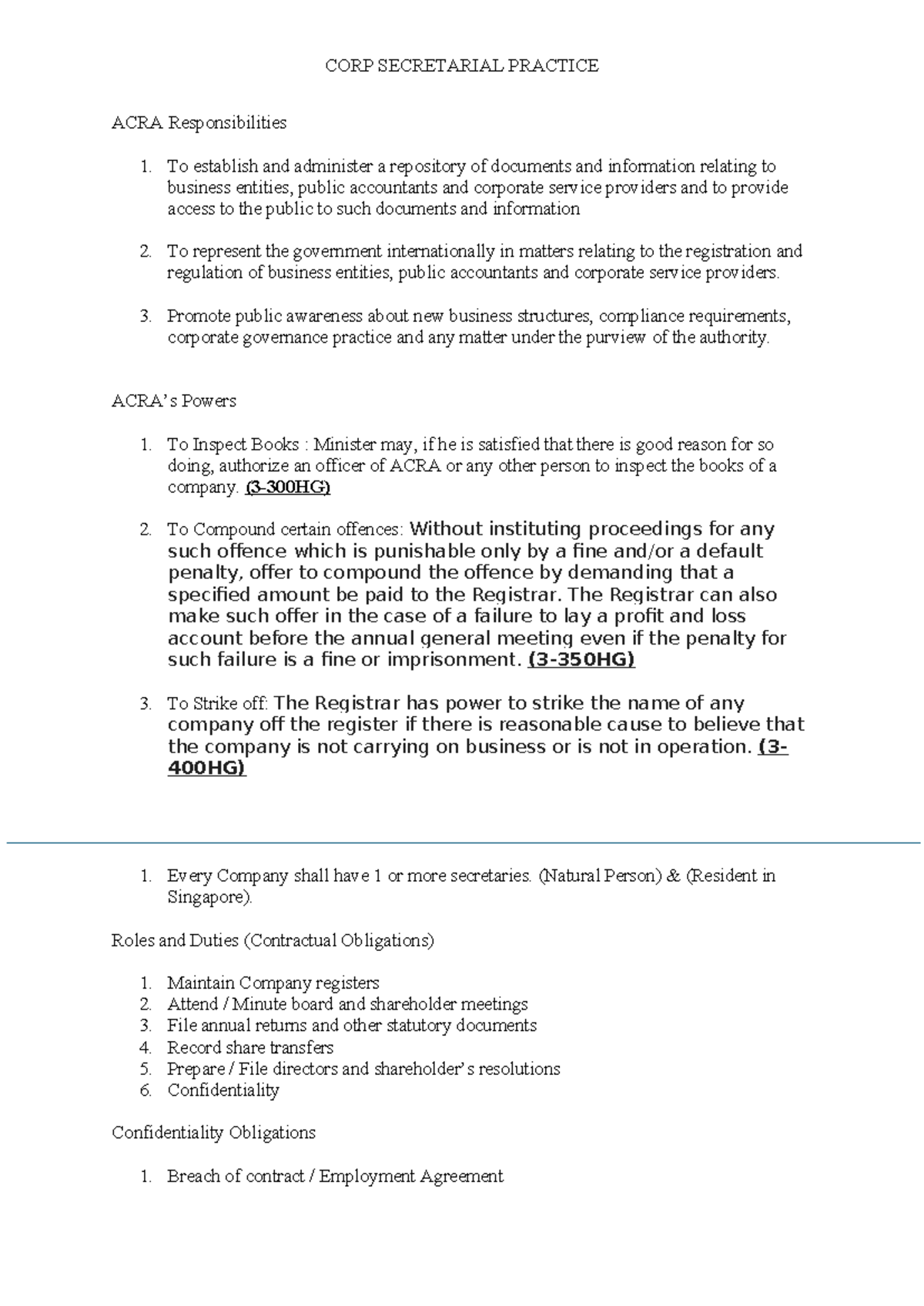 Corpsec notes - ACRA Responsibilities 1. To establish and administer a ...
