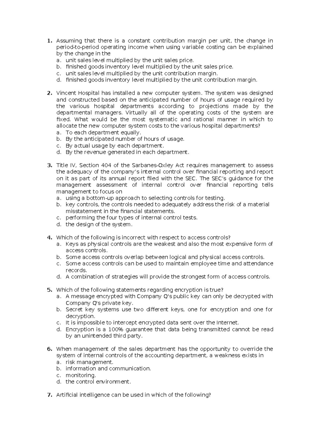 CMA Sample Questions for Exam Preparation: Section 3 - Studocu