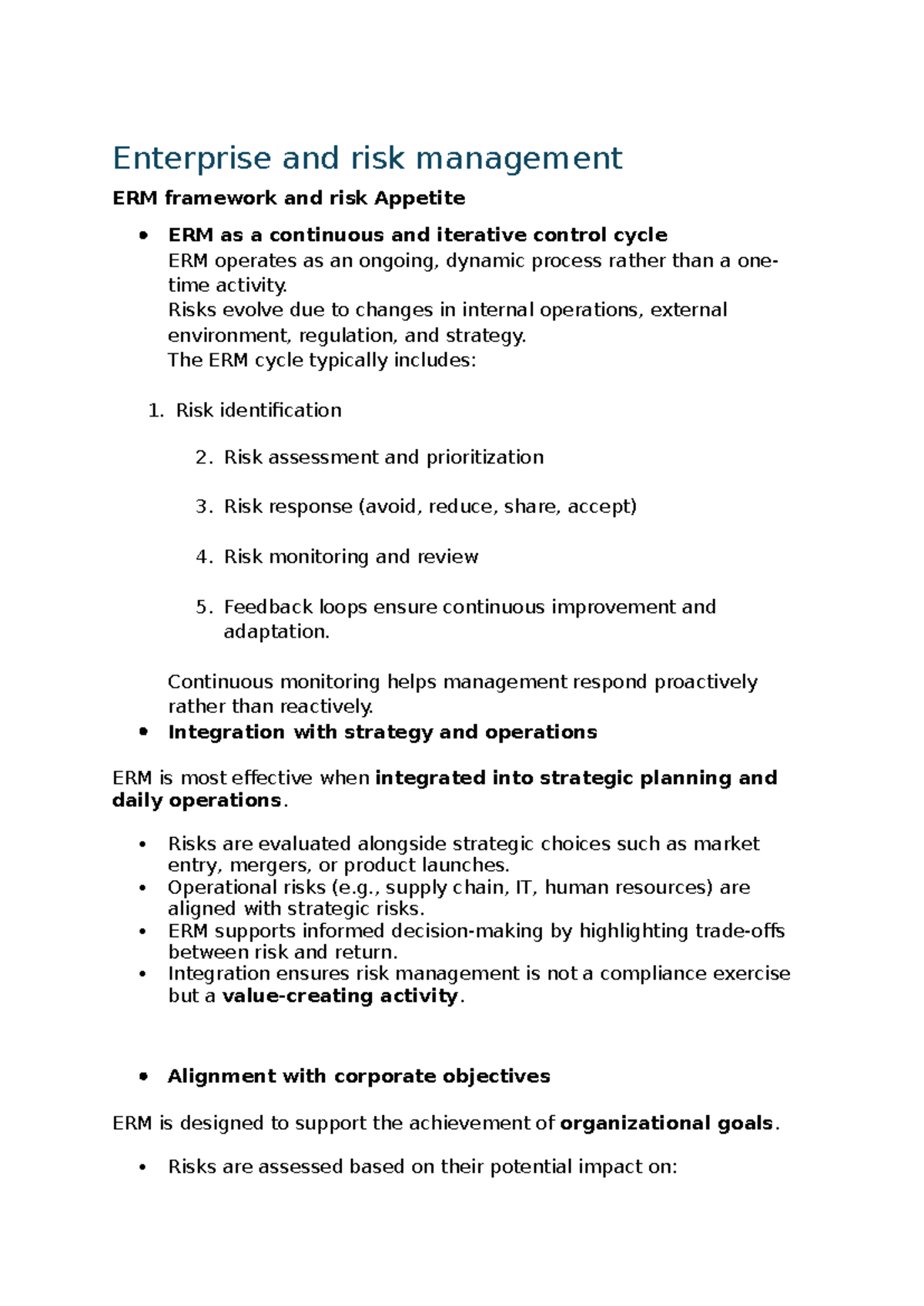 ERM Framework and Risk Appetite: A Continuous Control Cycle - Studocu