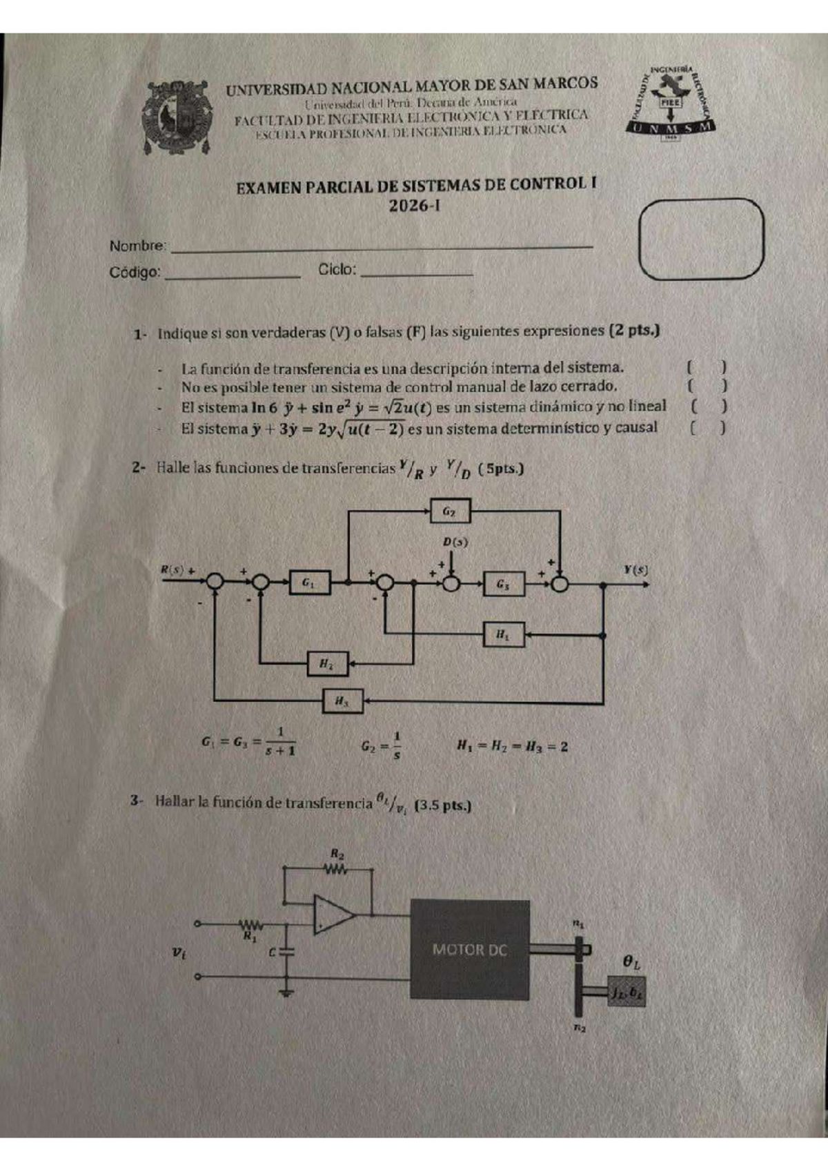 Examen Parcial de Sistemas de Control I - FIEE 1969 - Document Preview