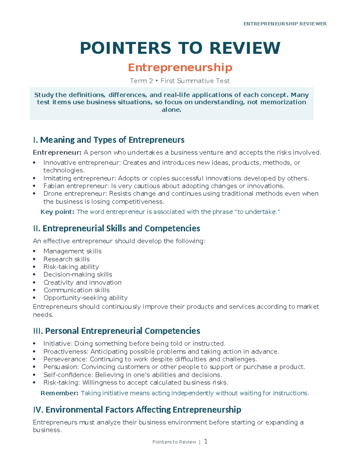 ENTREPRENEURSHIP 101: Term 2 Summative Test Review Pointers - Studocu