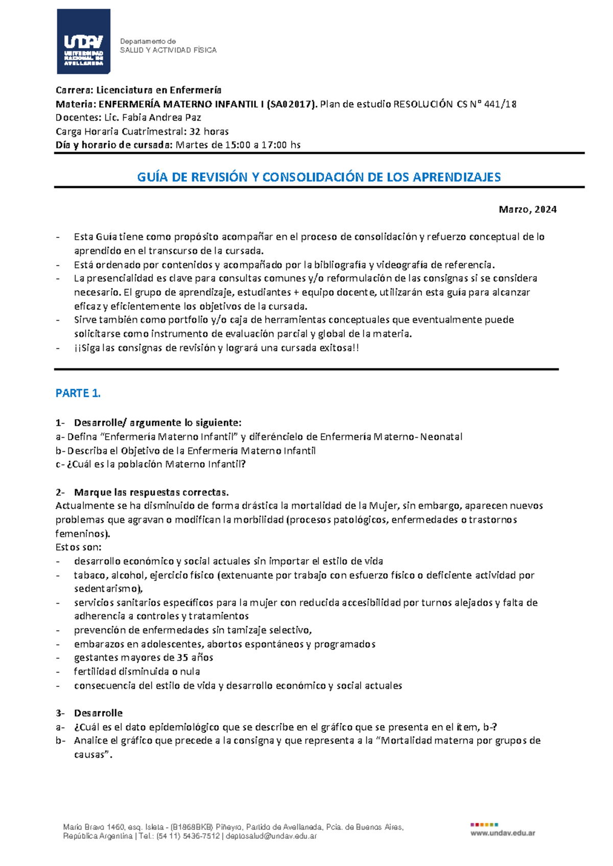 GUÍA DE REVISIÓN Y CONSOLIDACIÓN DE APRENDIZAJES DE ENFERMERÍA MATERNO INFANTIL I (SA02017) - MARZO 2024 - Document Preview