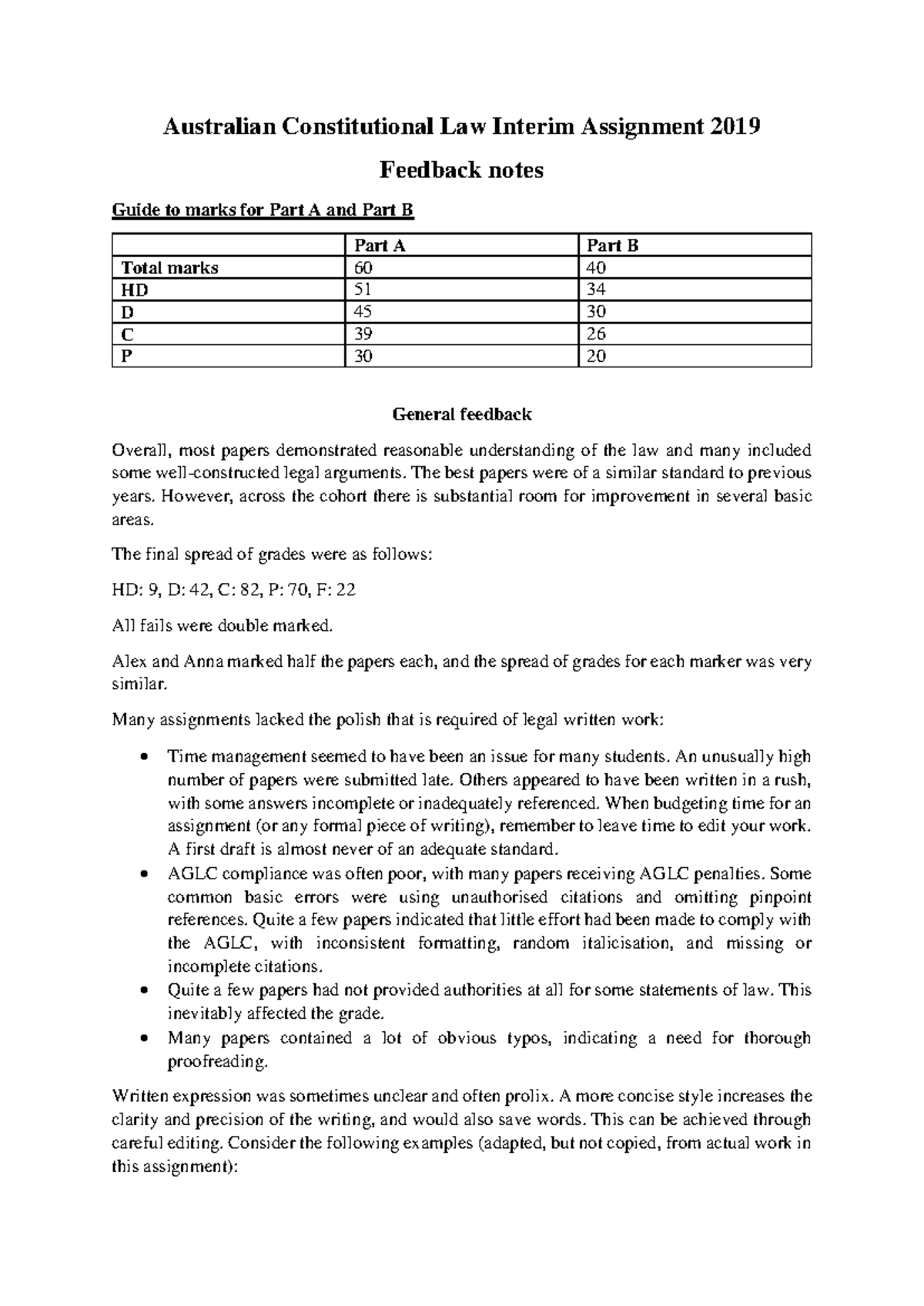 AUSTRALIAN CONSTITUTIONAL LAW (LAW1001) Interim Assignment Feedback ...