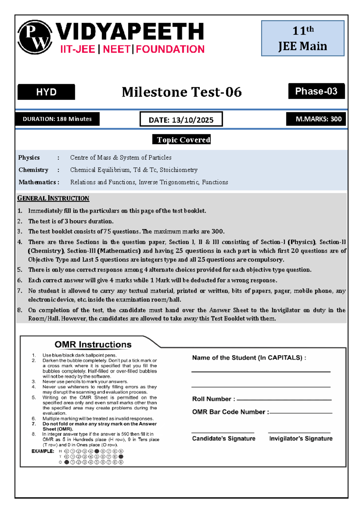 AJ MT06 QP (13-10-25) Phase 03: JEE Main 11th Exam Overview and ...