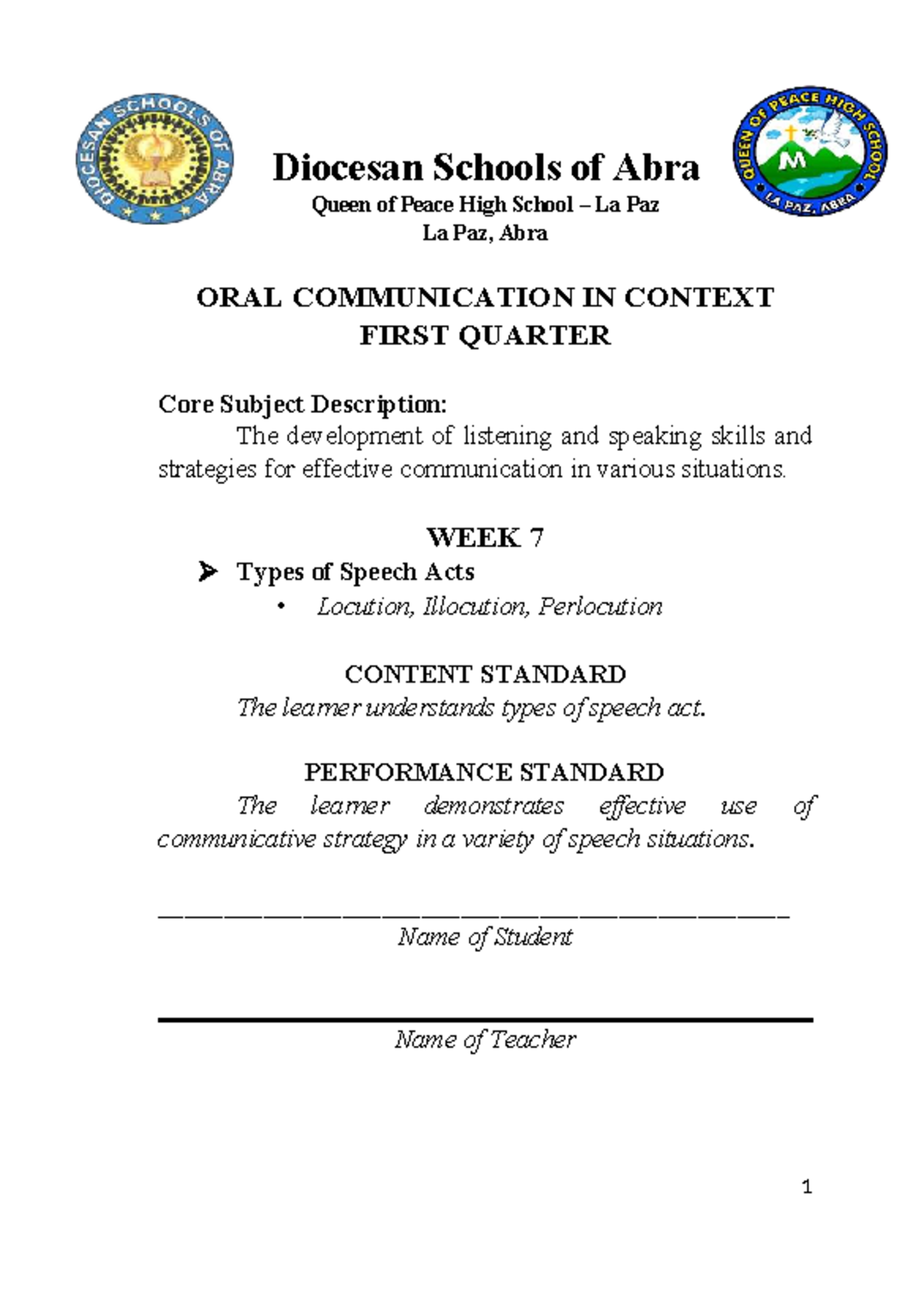 Oral Communication in Context (ORALCOM) - Week 7: Speech Acts - Studocu