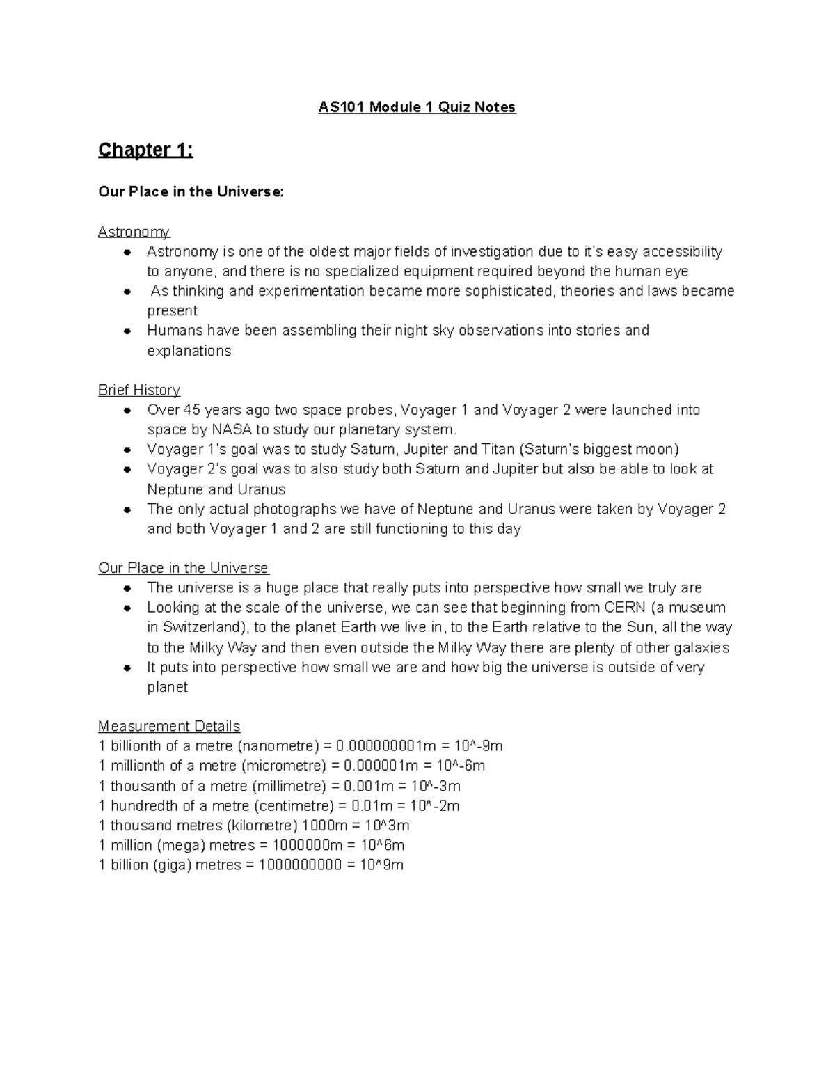 AS101 Module 1 Notes - AS101 Module 1 Quiz Notes Chapter 1: Our Place ...