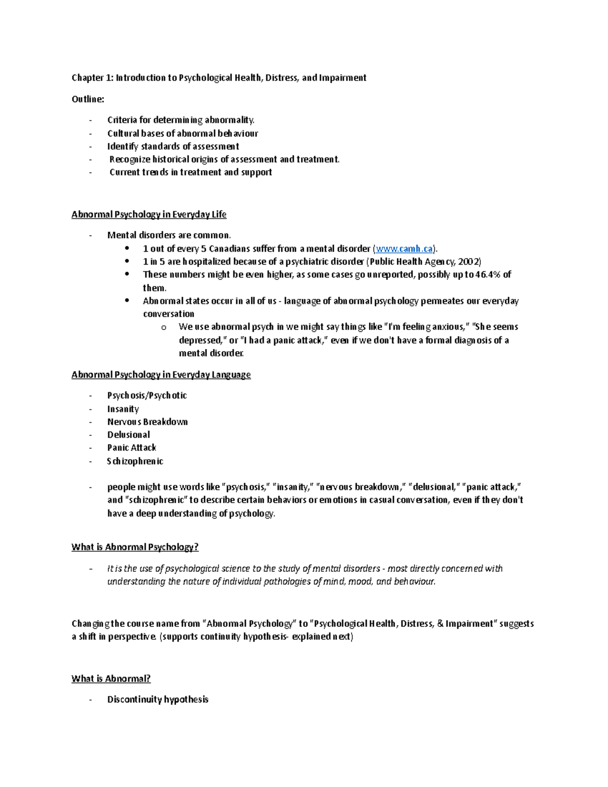 PSY 101: Lecture 1 Notes on Psychological Health & Abnormality - Studocu