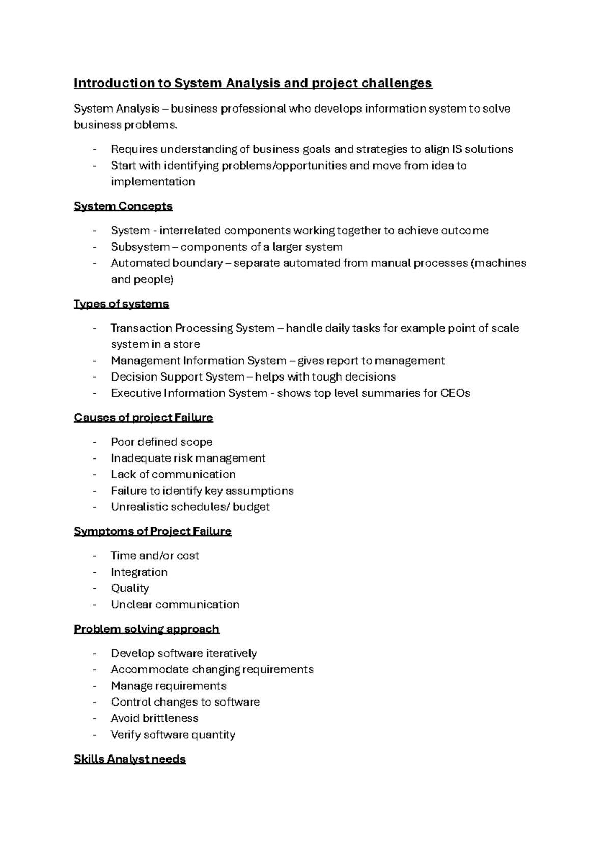 INF2009 F Theory: System Analysis & Project Challenges Overview - Studocu