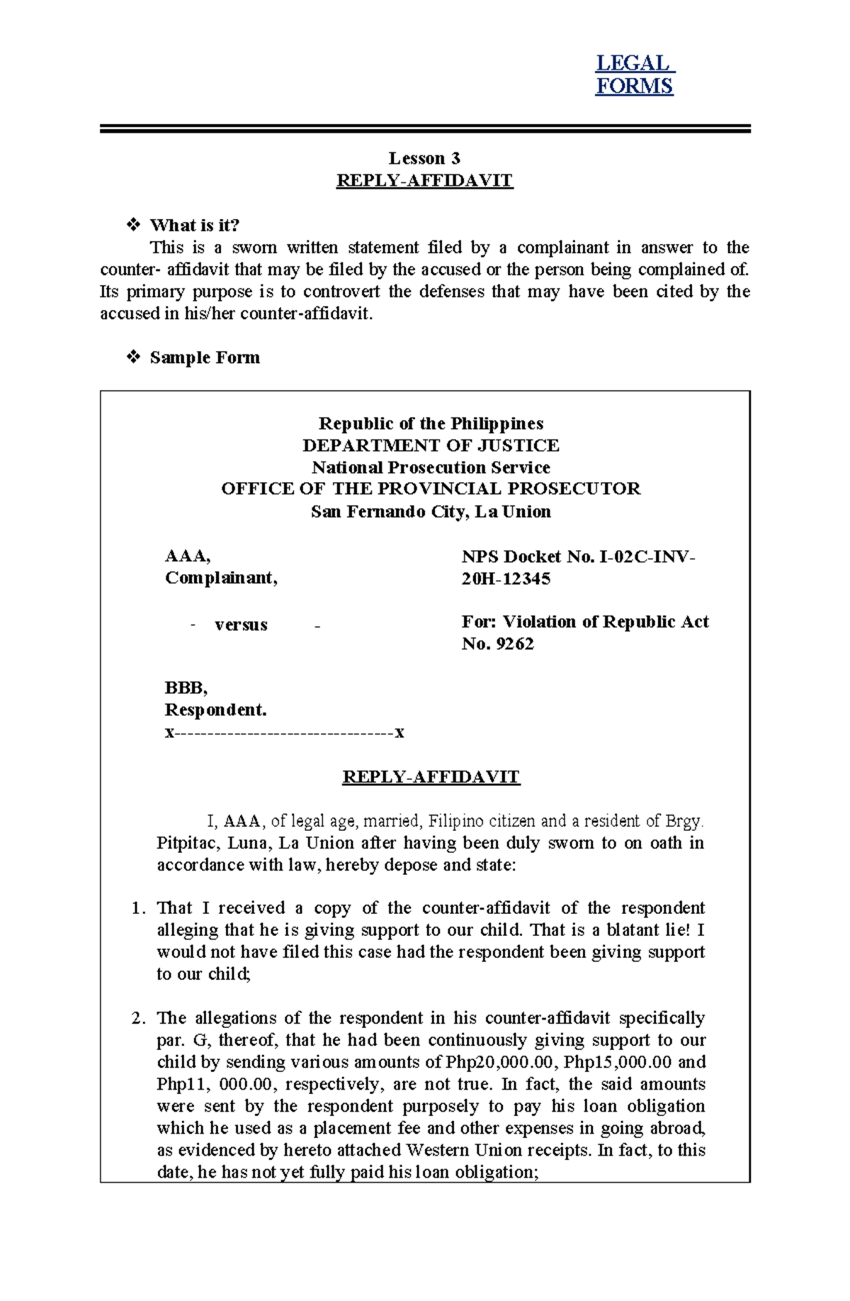 Ilide - ,lmomoj9o\ - FORMS MODULE Lesson 3 REPLY-AFFIDAVIT What is it ...