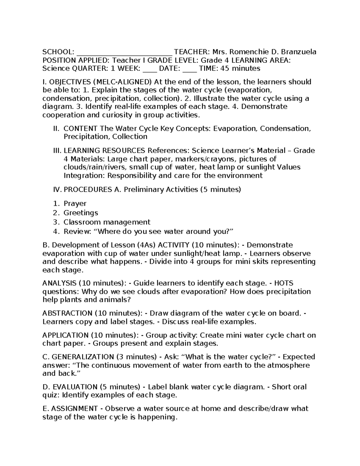 Grade 4 Science Lesson Plan: The Water Cycle (Teacher I) - Studocu