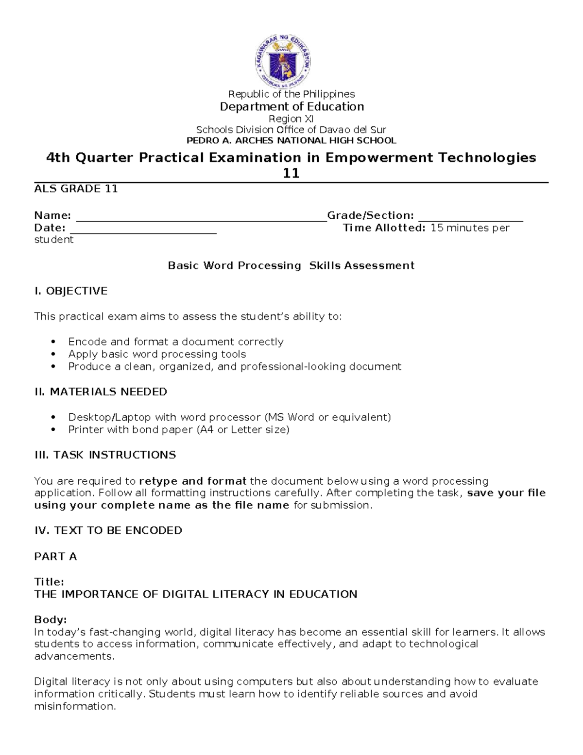 Empowerment Technologies 11 ALS: 4th Quarter Practical Exam - Studocu