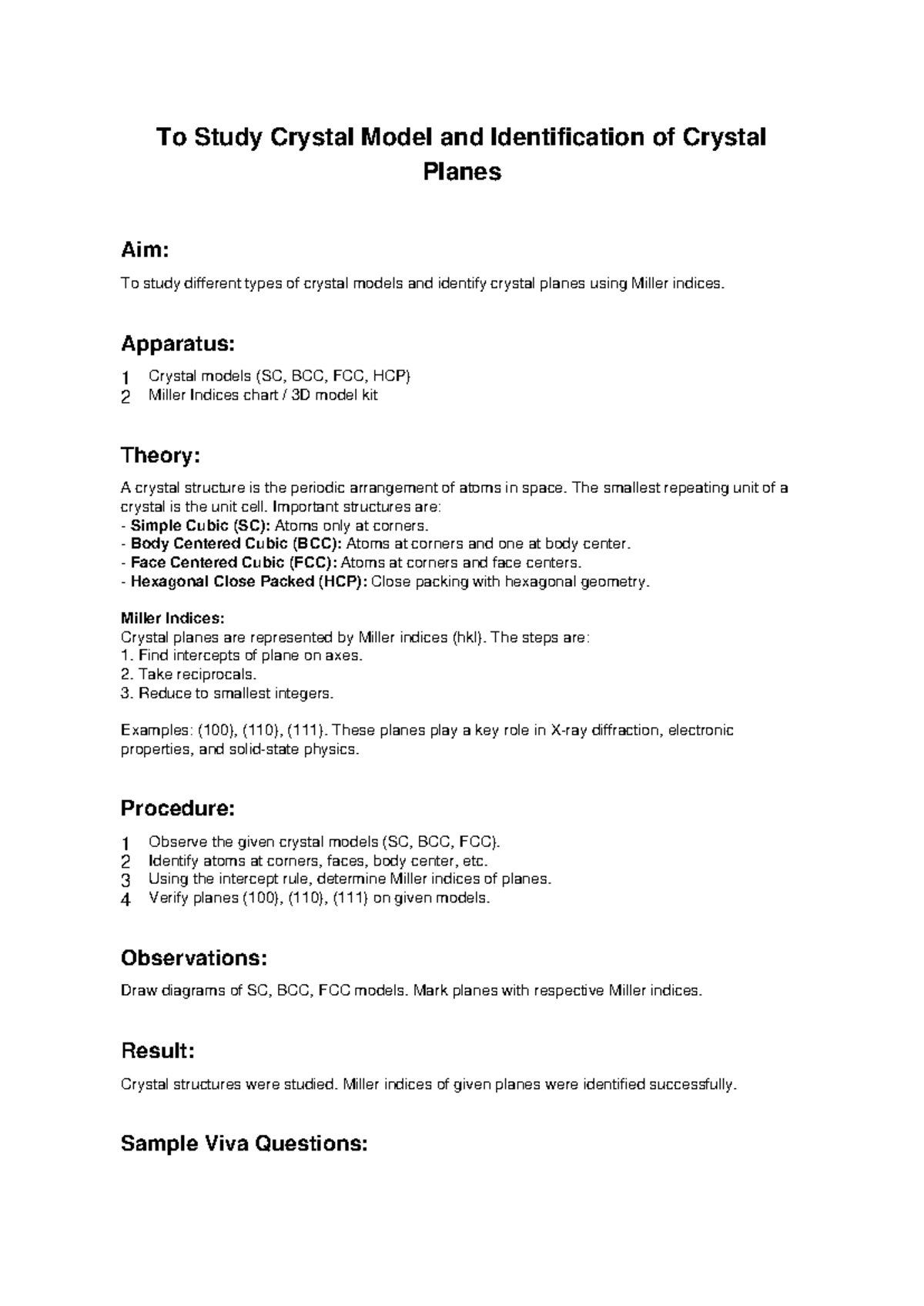 Crystal Models & Identification of Planes (Course Code: CM101) - Studocu