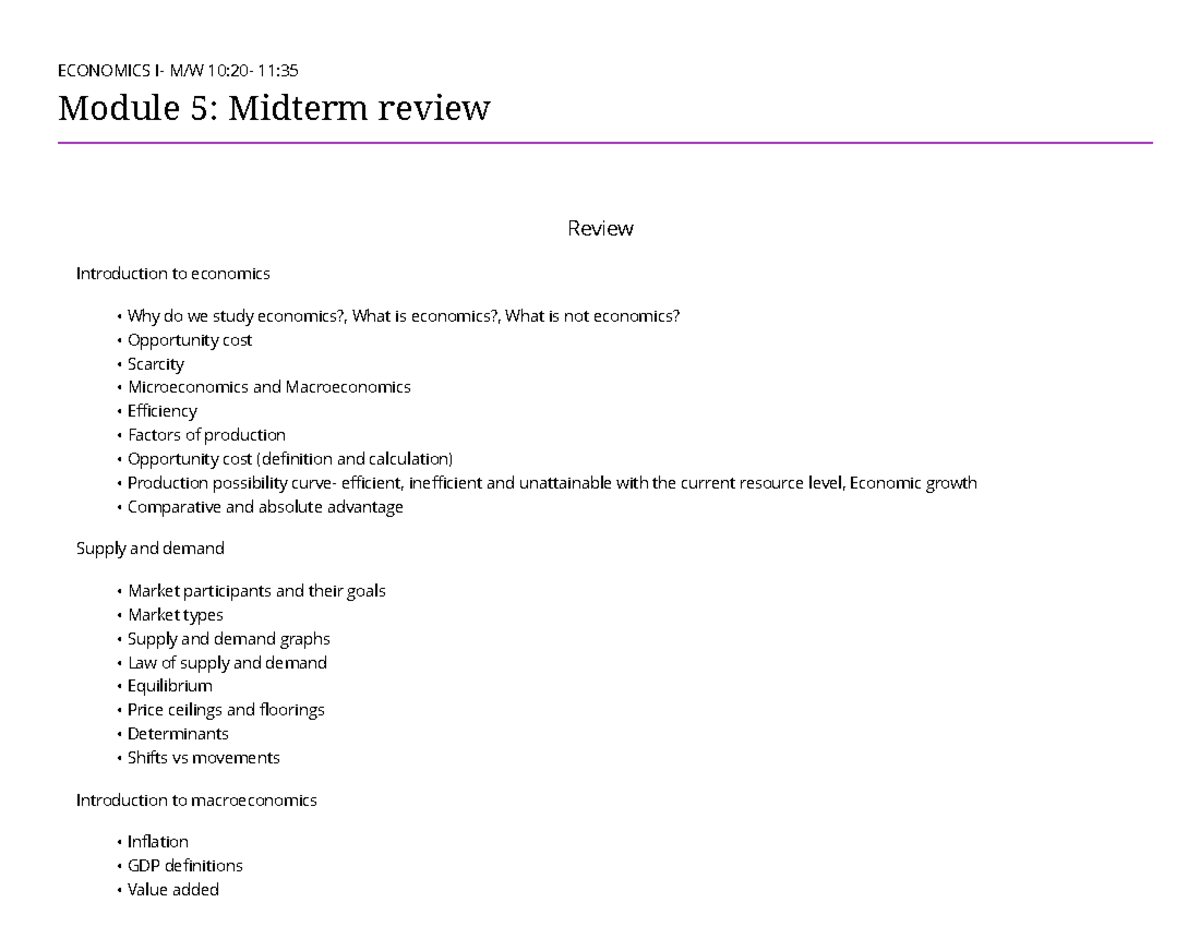 ECONOMICS 11:35 Module 5 Midterm Review - Key Concepts Overview - Studocu