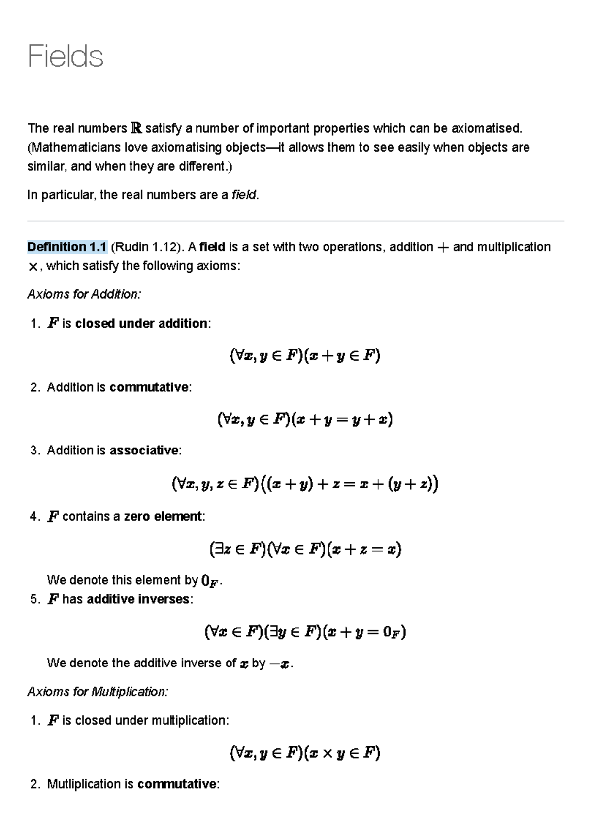 Fields: Axioms and Properties of Real Numbers in Mathematics - Studocu