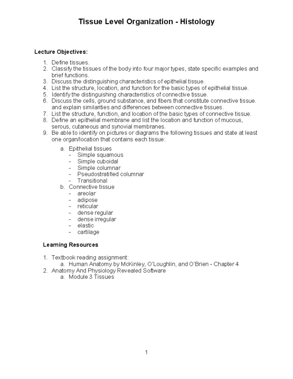 Tissue Level Organization: Histology of Epithelial & Connective Tissues ...