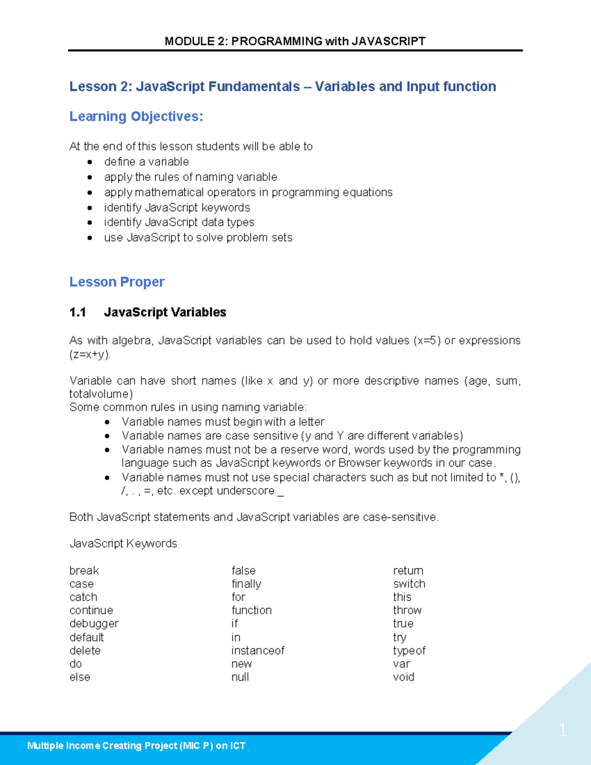 Module 2 Lesson 2 - afaqwefawr - 1 Lesson 2: JavaScript Fundamentals ...