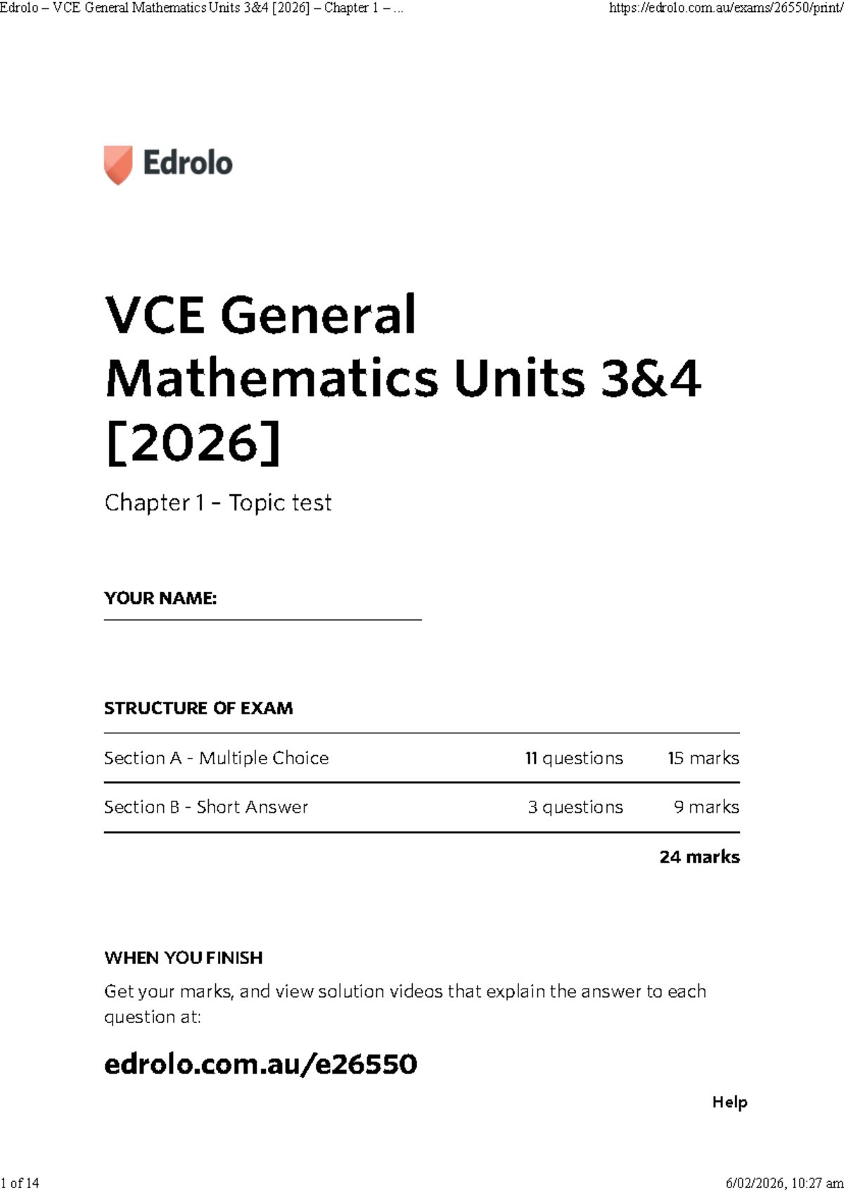 Ch 1 VCE General Mathematics Topic Test - Edrolo - Studocu