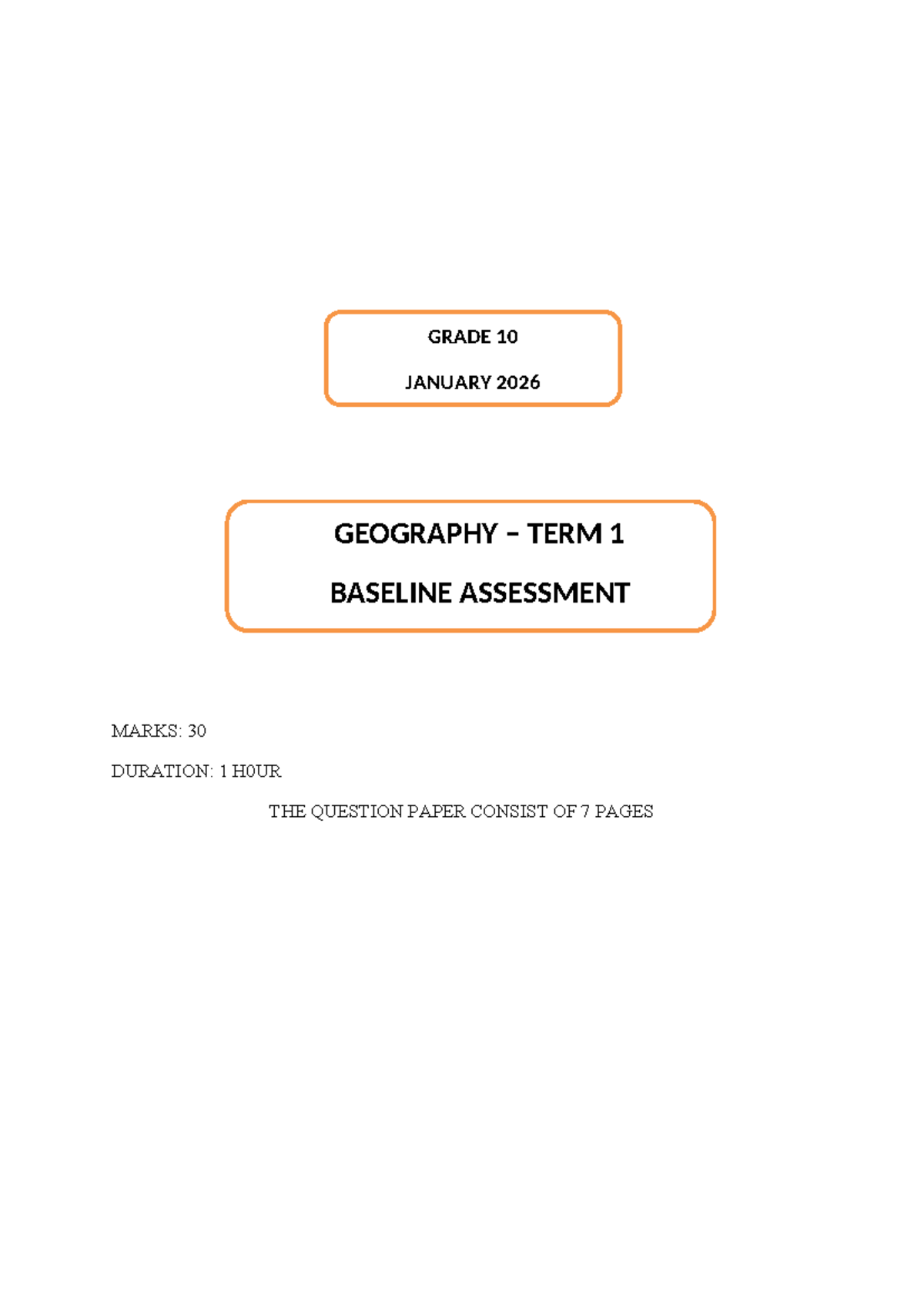 GEOG Grade 10 Term 1 Baseline Assessment January 2026 - Studocu