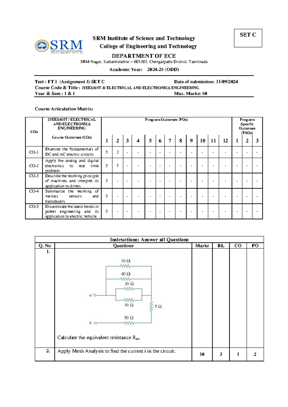 21EES101T - EEE Assignment I: Circuit Analysis and Applications - Studocu